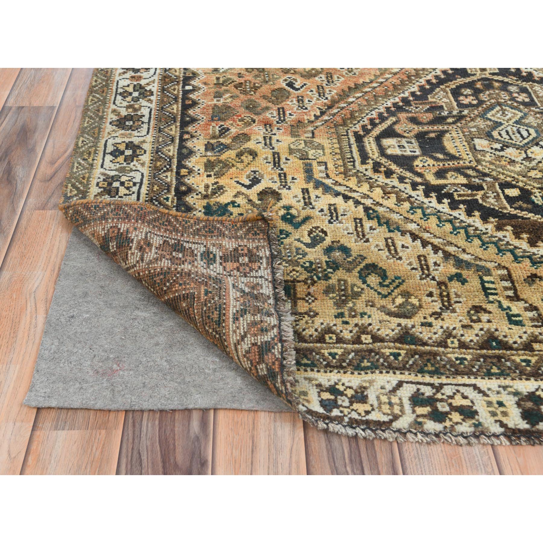 4'10"x6' Sand Color, Vintage Persian Shiraz with Geometric Medallion Design, Abrash, Hand Woven, Pure Wool, Distressed Look Cropped Thin Squarish Oriental Rug 