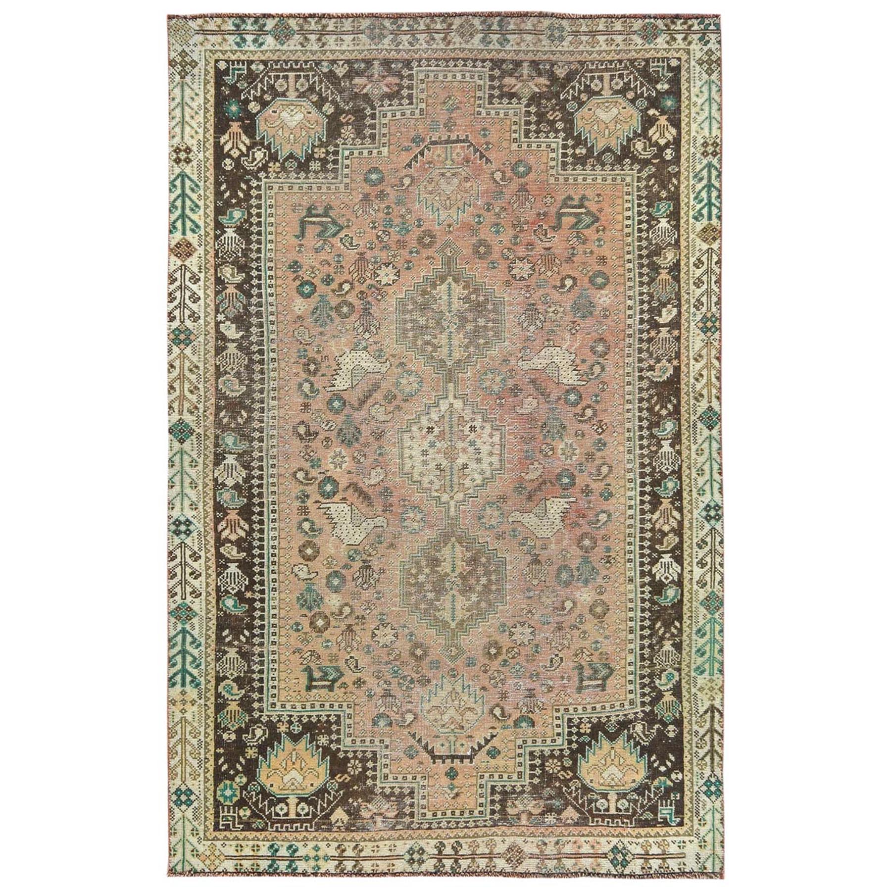 4'7"x7'2" Light Red, Sheared Low Vintage Persian Qashqai with Peacock Design and Multi Borders, Hand Woven Pure Wool, Distressed Look Oriental Rug 