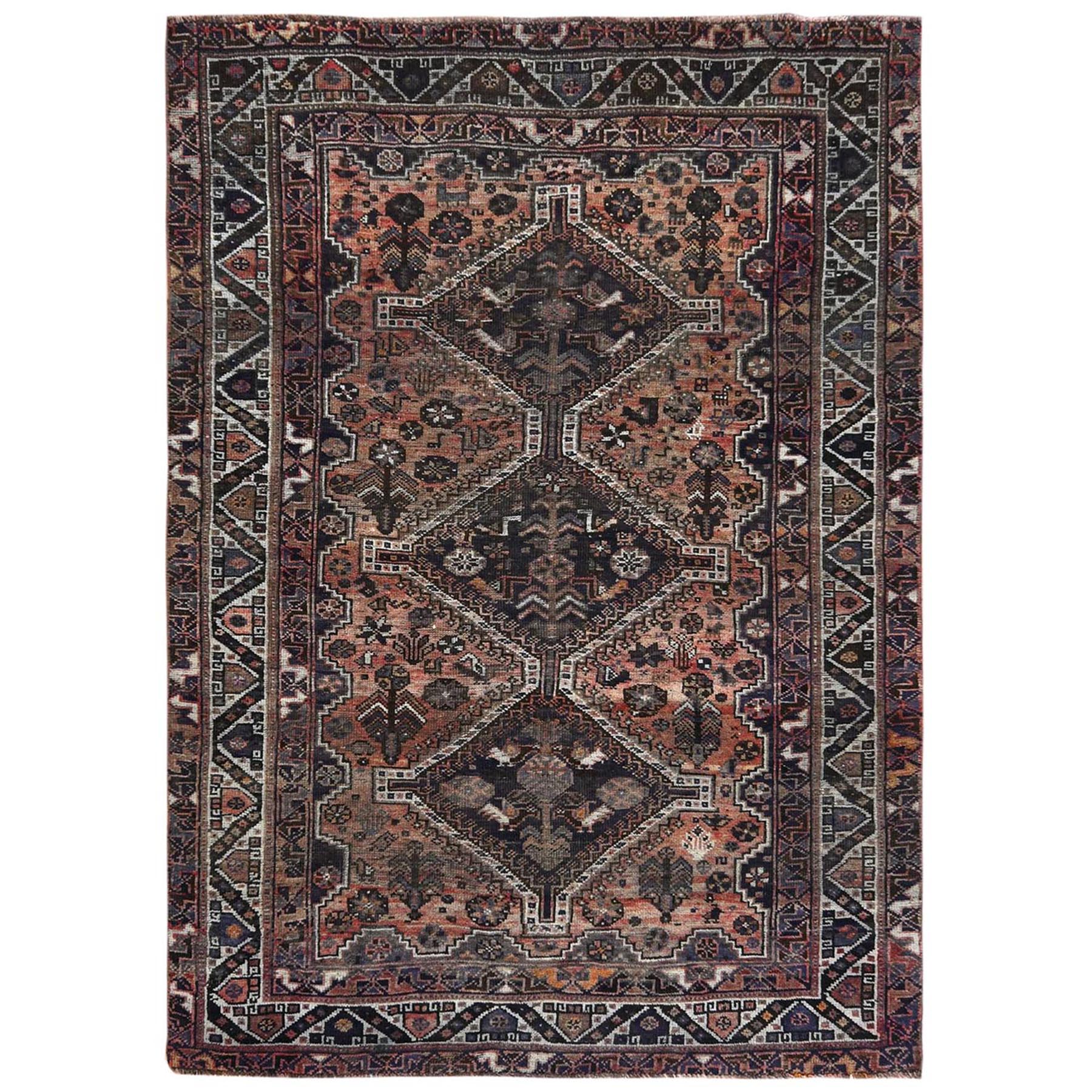 4'9"x6'9" Light Red Worn Down Vintage Persian Shiraz with Small Animal Figurines and Geometric Medallions Design, Hand Woven, Distressed Look Pure Wool Oriental Rug 