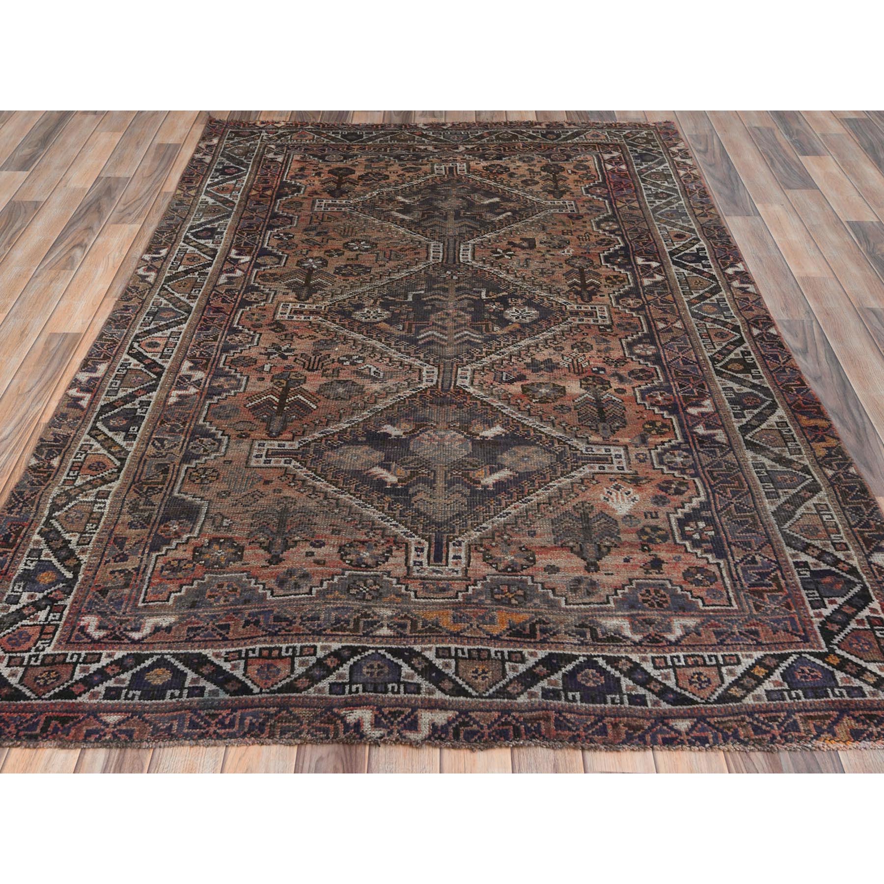 4'9"x6'9" Light Red Worn Down Vintage Persian Shiraz with Small Animal Figurines and Geometric Medallions Design, Hand Woven, Distressed Look Pure Wool Oriental Rug 