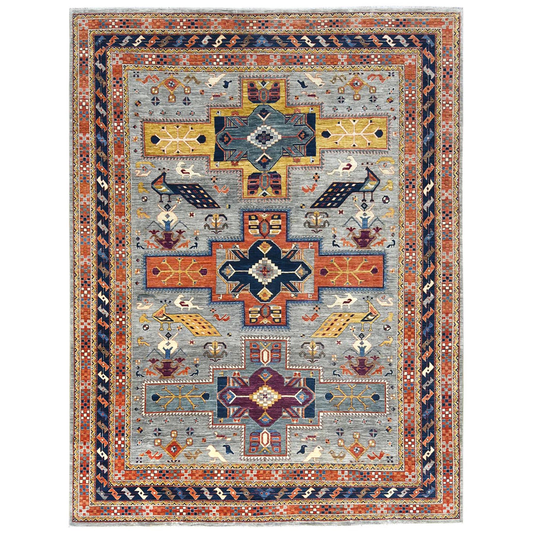 9'1"x11'8" Gray Armenian Inspired Caucasian Design with Bird Figurines, 200 KPSI Densely Woven, Hand Woven, Natural Dyes Ghazni Wool Oriental Rug 