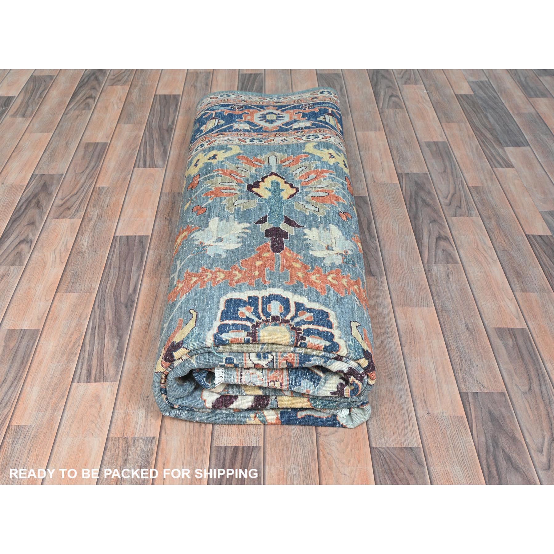 9'2"x12' Teal Blue 200 KPSI, All Over Heriz Design, Densely Woven, Hand Woven, Natural Dyes Ghazni Wool Oriental Rug 