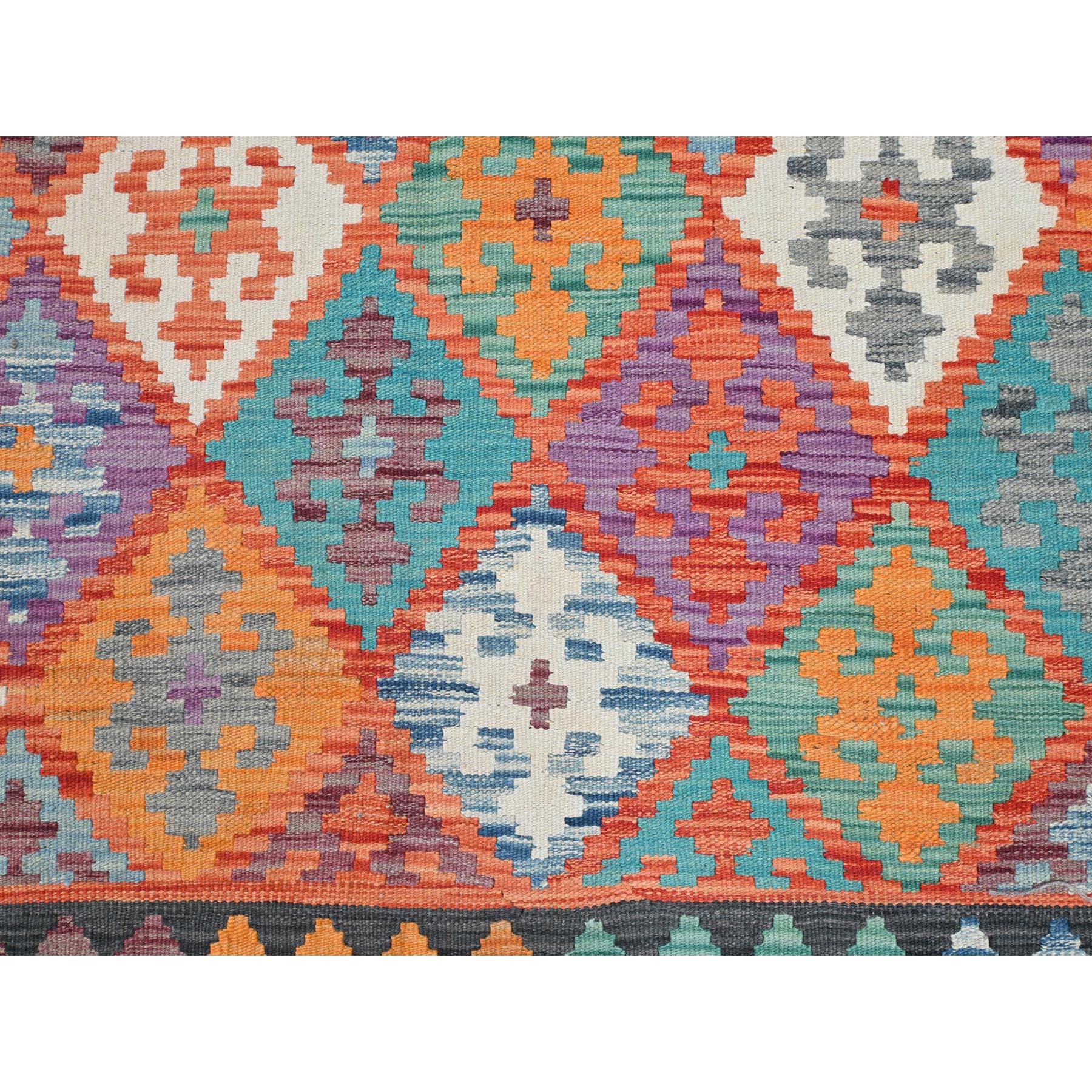 8'2"x11' Colorful, Veggie Dyes Pure Wool Hand Woven, Afghan Kilim with Geometric Elements Flat Weave, Reversible Oriental Rug 