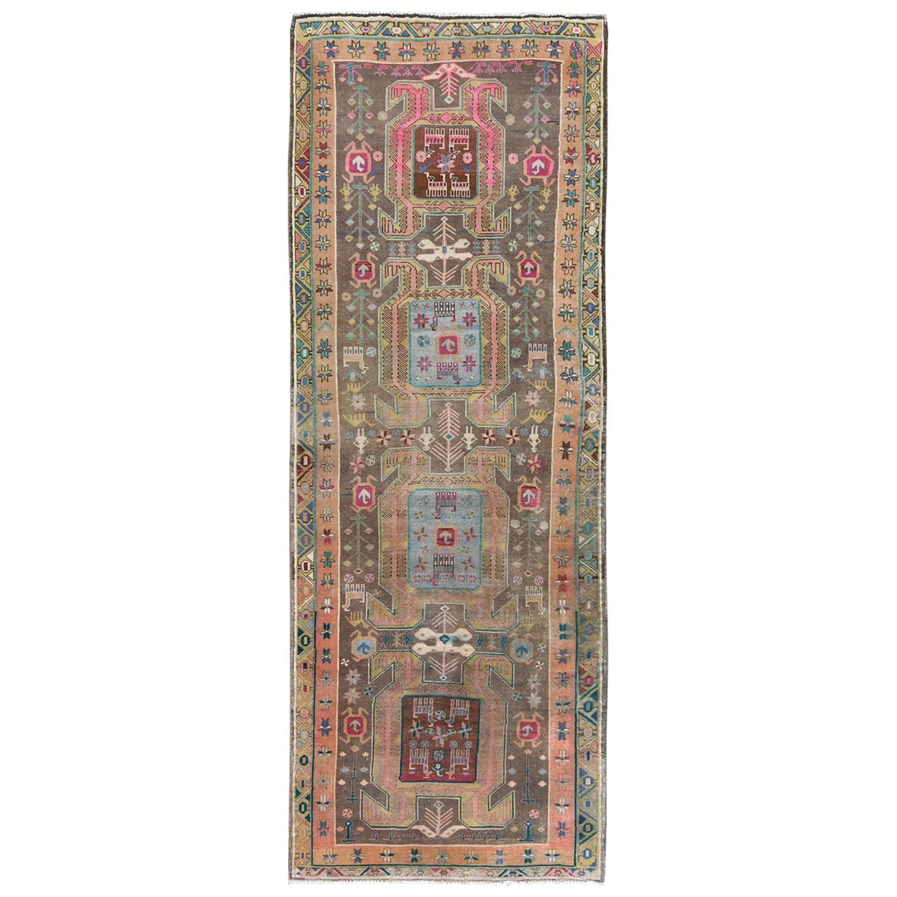 4'x10'8" Almond Brown, Vintage Northwest Persian with Large Elements Medallions, Small Animal and Human Figurines, Clean, Worn Down, Pure Wool Hand Woven Wide Runner Oriental Rug 