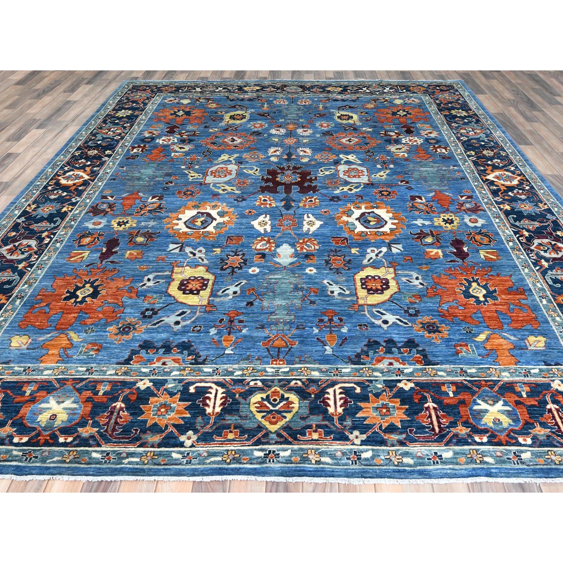 9'2"x11'9" Sapphire Blue, Armenian Inspired Caucasian Design 200 KPSI, Natural Dyes Densely Woven, Pure Wool Hand Woven, Oriental Rug 