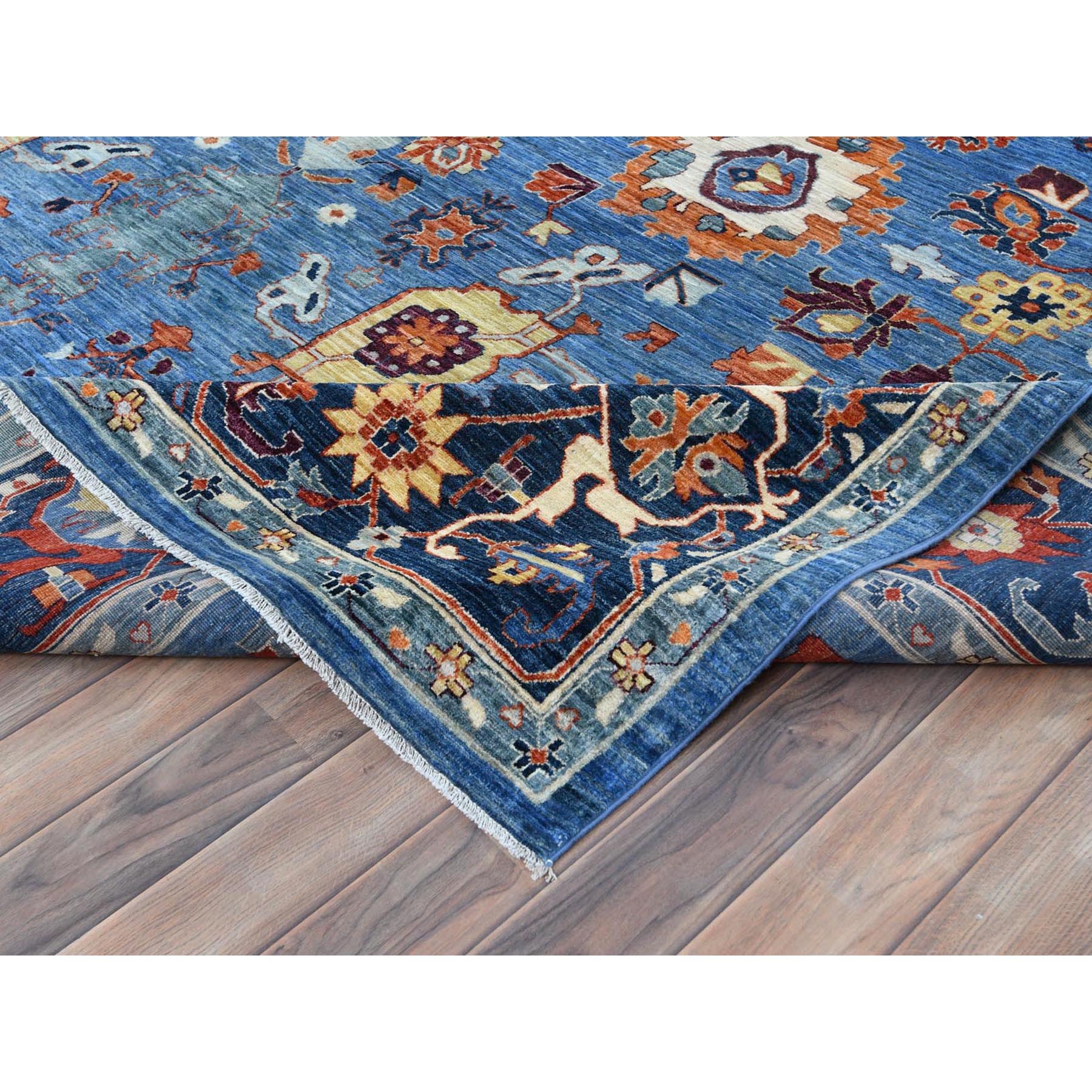 9'2"x11'9" Sapphire Blue, Armenian Inspired Caucasian Design 200 KPSI, Natural Dyes Densely Woven, Pure Wool Hand Woven, Oriental Rug 