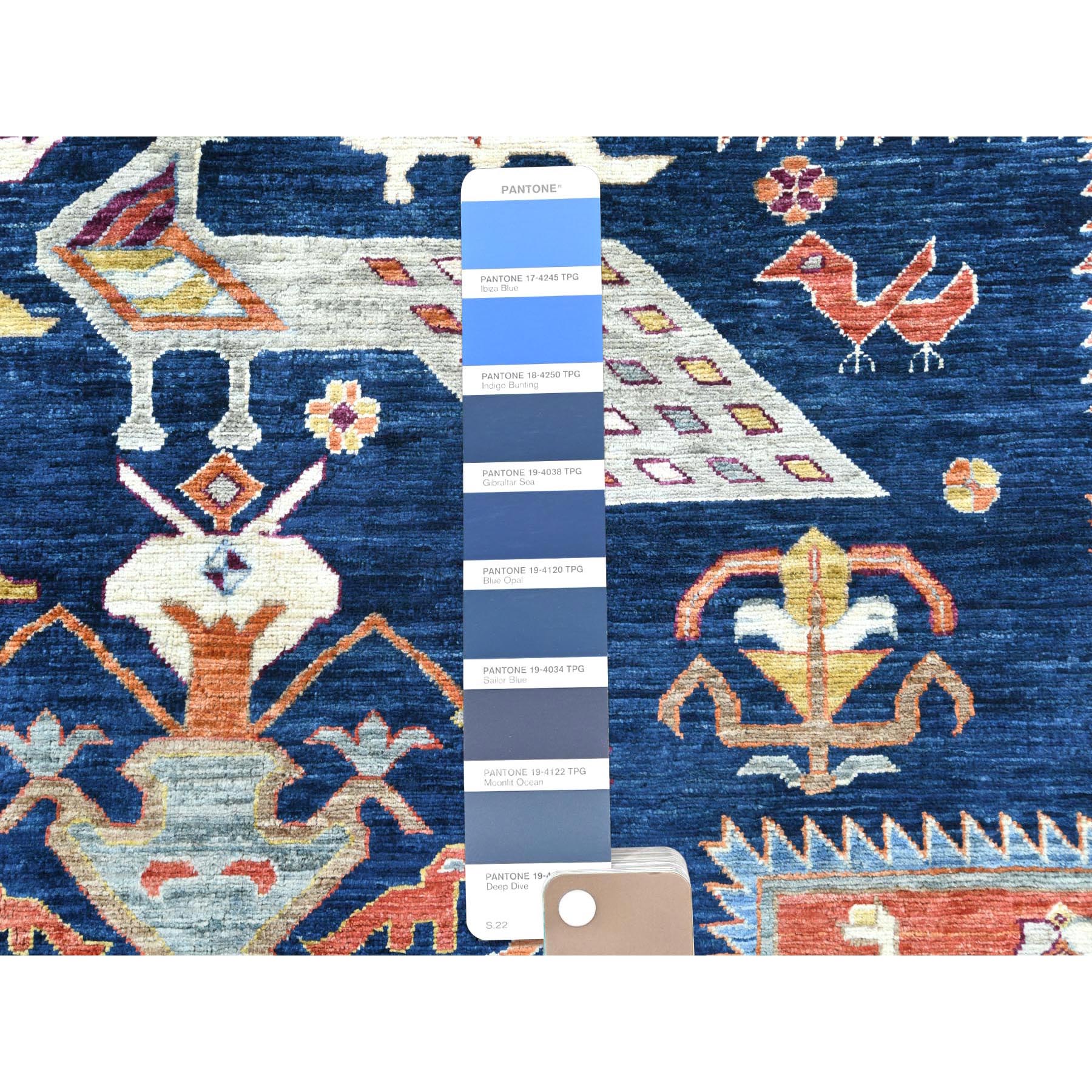 9'1"x11'9" Navy Blue, Hand Woven Armenian Inspired Caucasian Design with Bird Figurines, 200 KPSI Vegetable Dyes, Dense Weave Soft Wool, Oriental Rug 