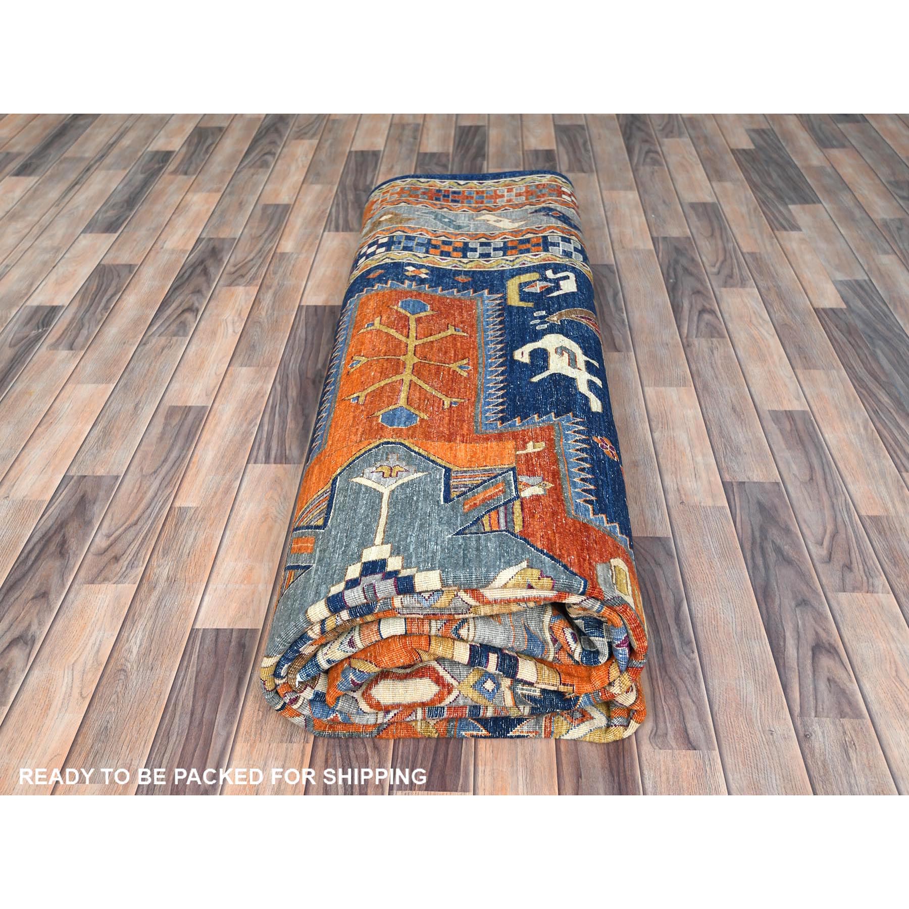 10'1"x13'9" Navy Blue, Extra Soft Wool Hand Woven, Armenian Inspired Caucasian Design with Bird Figurines 200 KPSI, Natural Dyes Densely Woven, Oriental Rug 