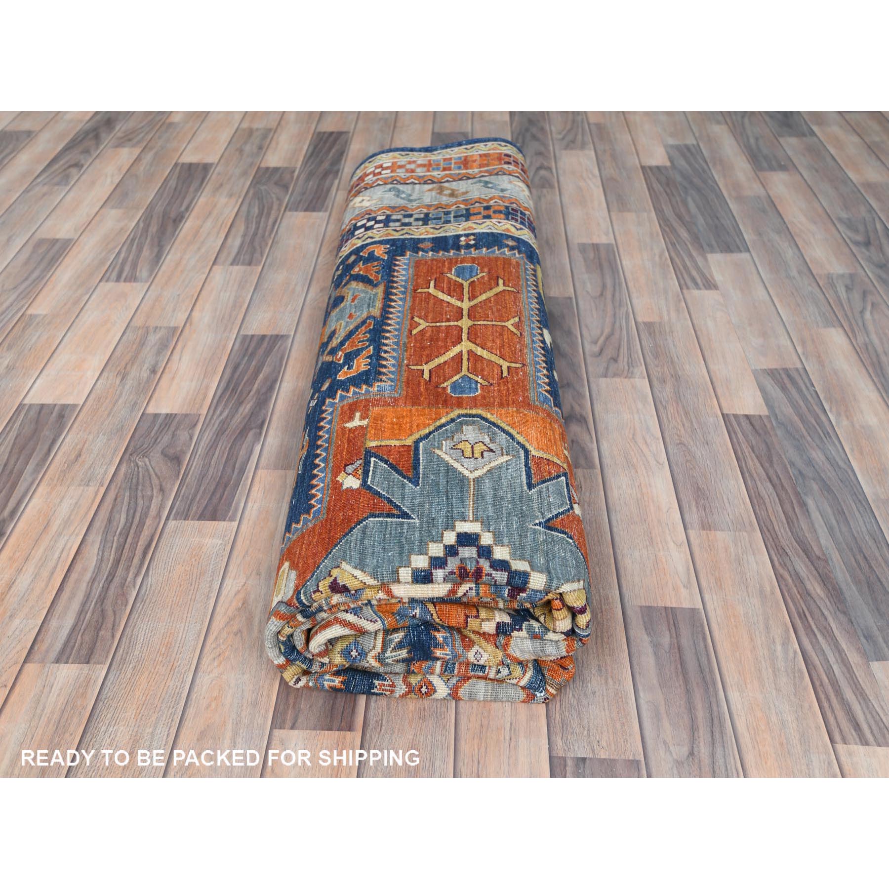 8'4"x9'7" Navy Blue, Natural Dyes Densely Woven, Natural Wool Hand Woven, Armenian Inspired Caucasian Design with Bird Figurines 200 KPSI, Oriental Rug 