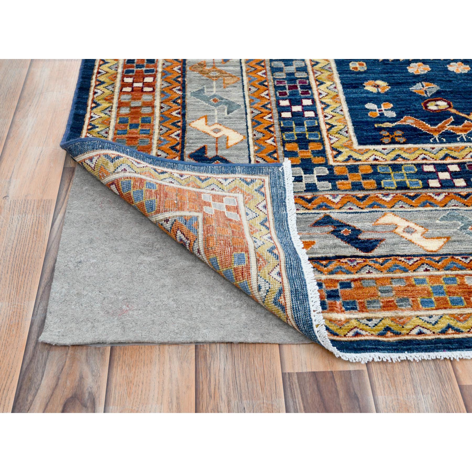 8'4"x9'7" Navy Blue, Natural Dyes Densely Woven, Natural Wool Hand Woven, Armenian Inspired Caucasian Design with Bird Figurines 200 KPSI, Oriental Rug 