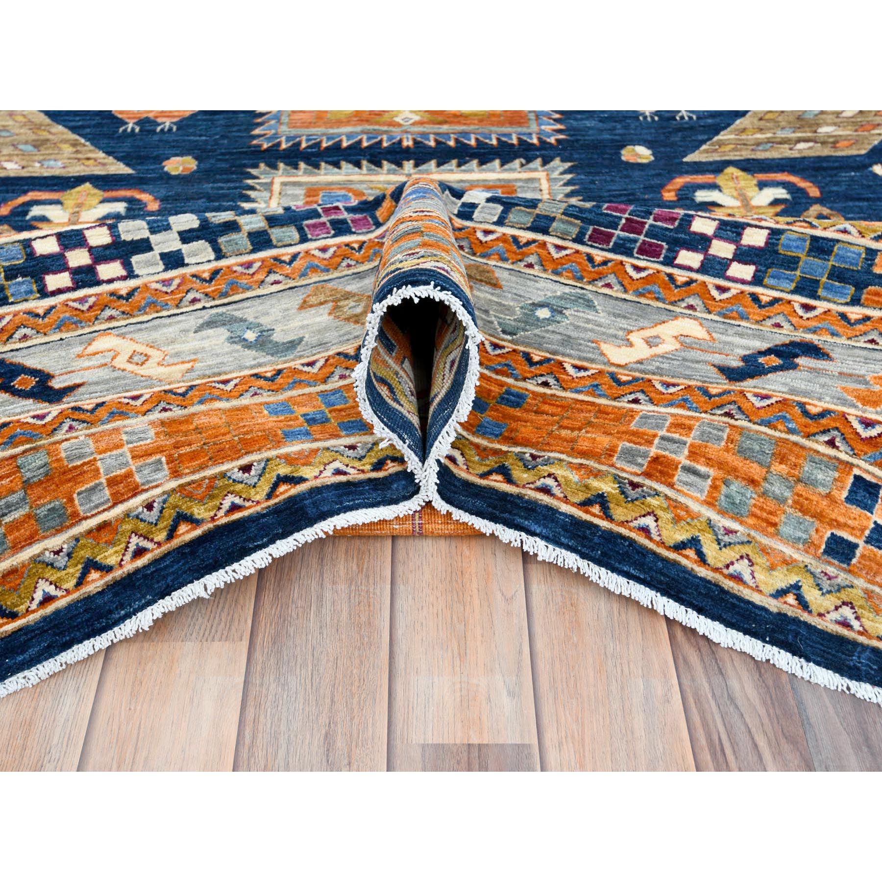 9'1"x11'7" Navy Blue, Armenian Inspired Caucasian Design with Birds Figurines 200 KPSI, Vegetable Dyes Dense Weave, Pure Wool Hand Woven, Oriental Rug 