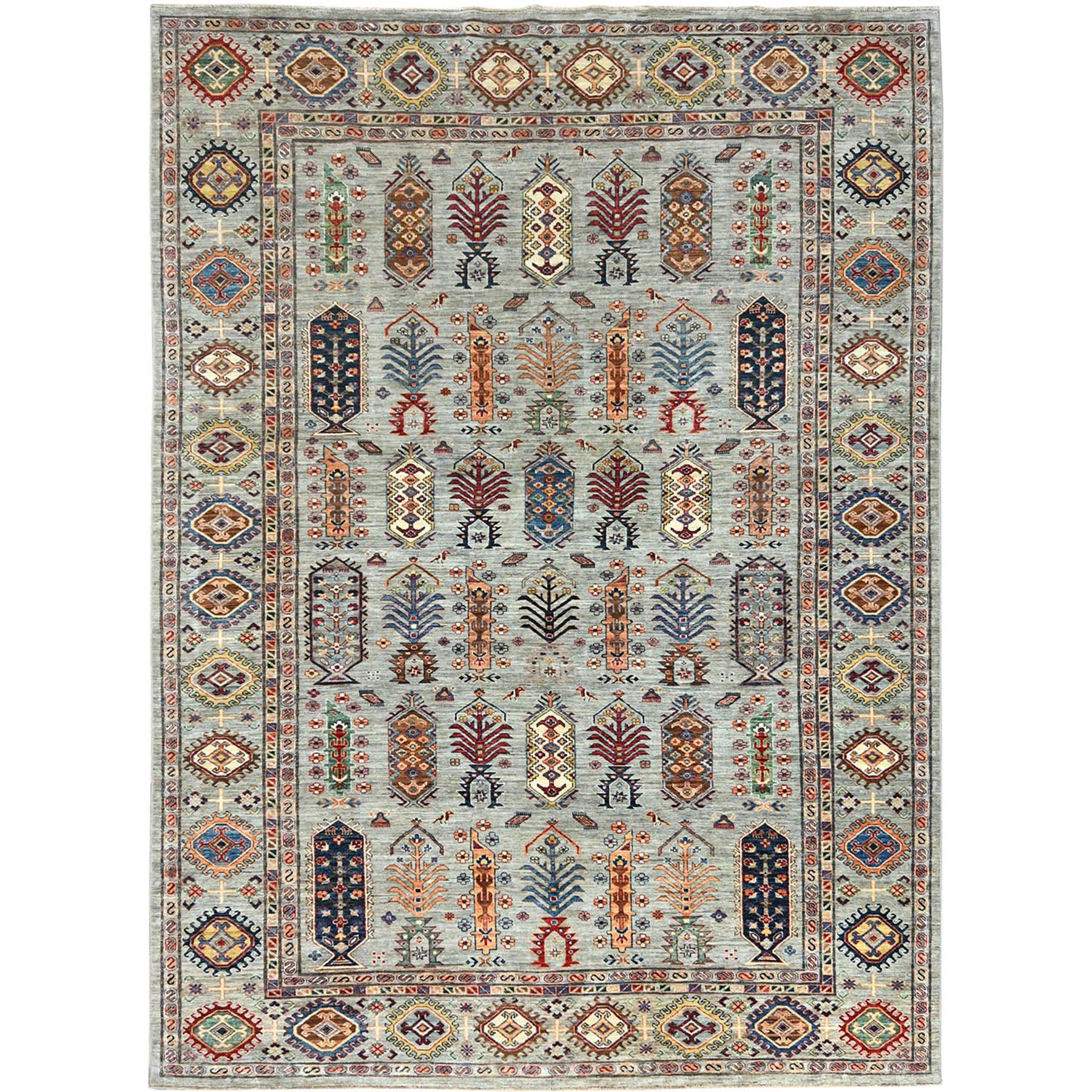 8'10"x12'2" Gray, Dense Weave Extra Soft Wool, Hand Woven Afghan Super Kazak with Repetitive Tree Design, Vegetable Dyes, Oriental Rug 
