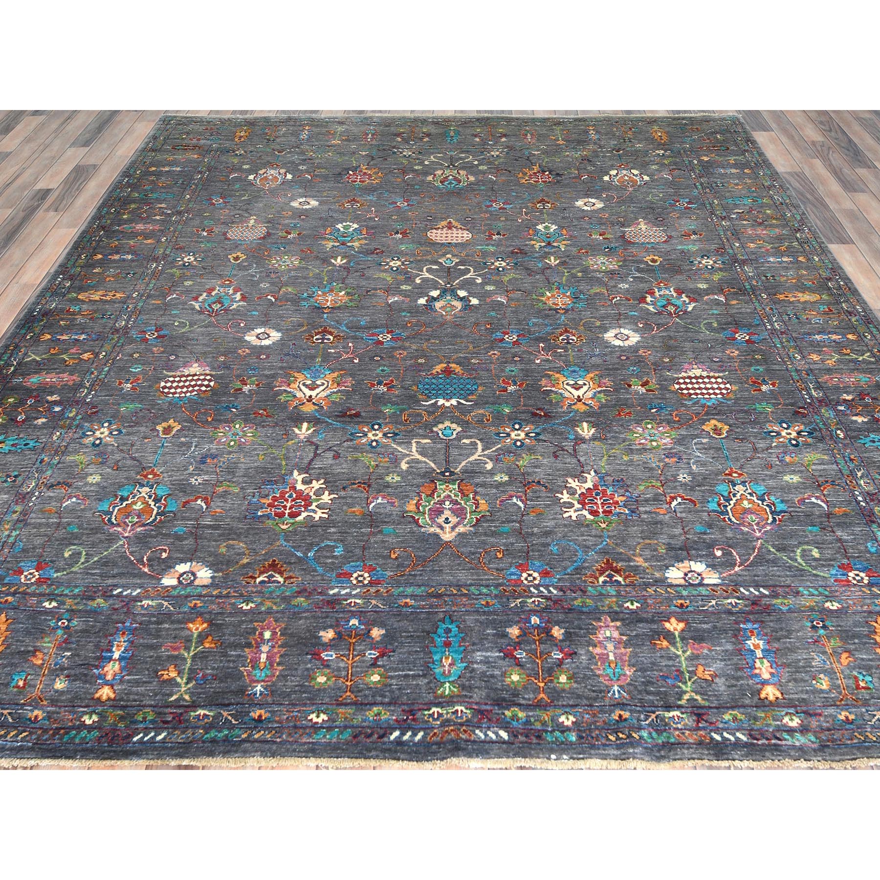 8'2"x10' Blueish Gray, Fine Peshawar with Mahal Design, Natural Dyes Densely Woven, Soft Wool Hand Woven, Oriental Rug 