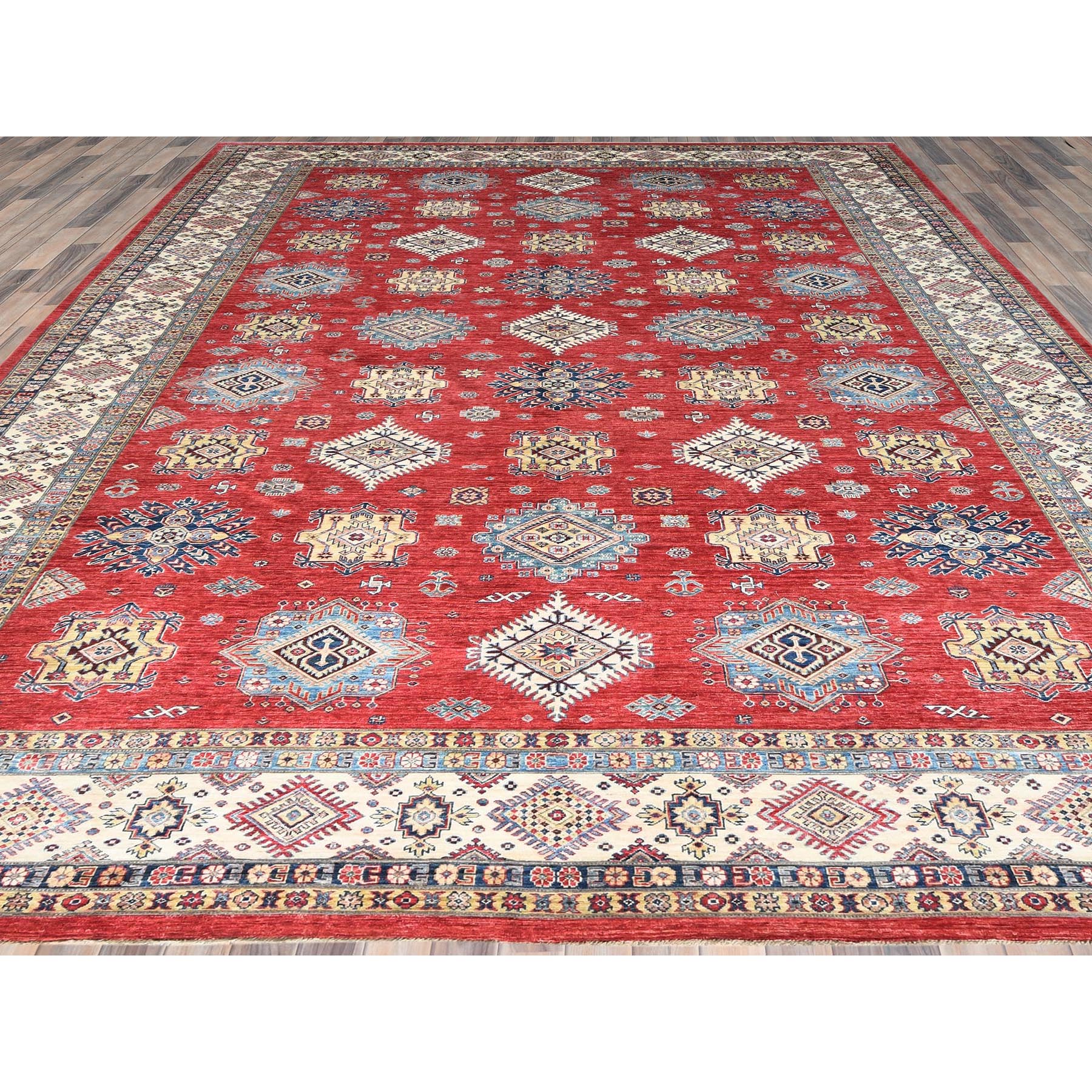 12'1"x16' Rich Red, Densely Woven Extra Soft Wool, Hand Woven Afghan Super Kazak with Tribal Medallions, Natural Dyes, Oversized Oriental Rug 