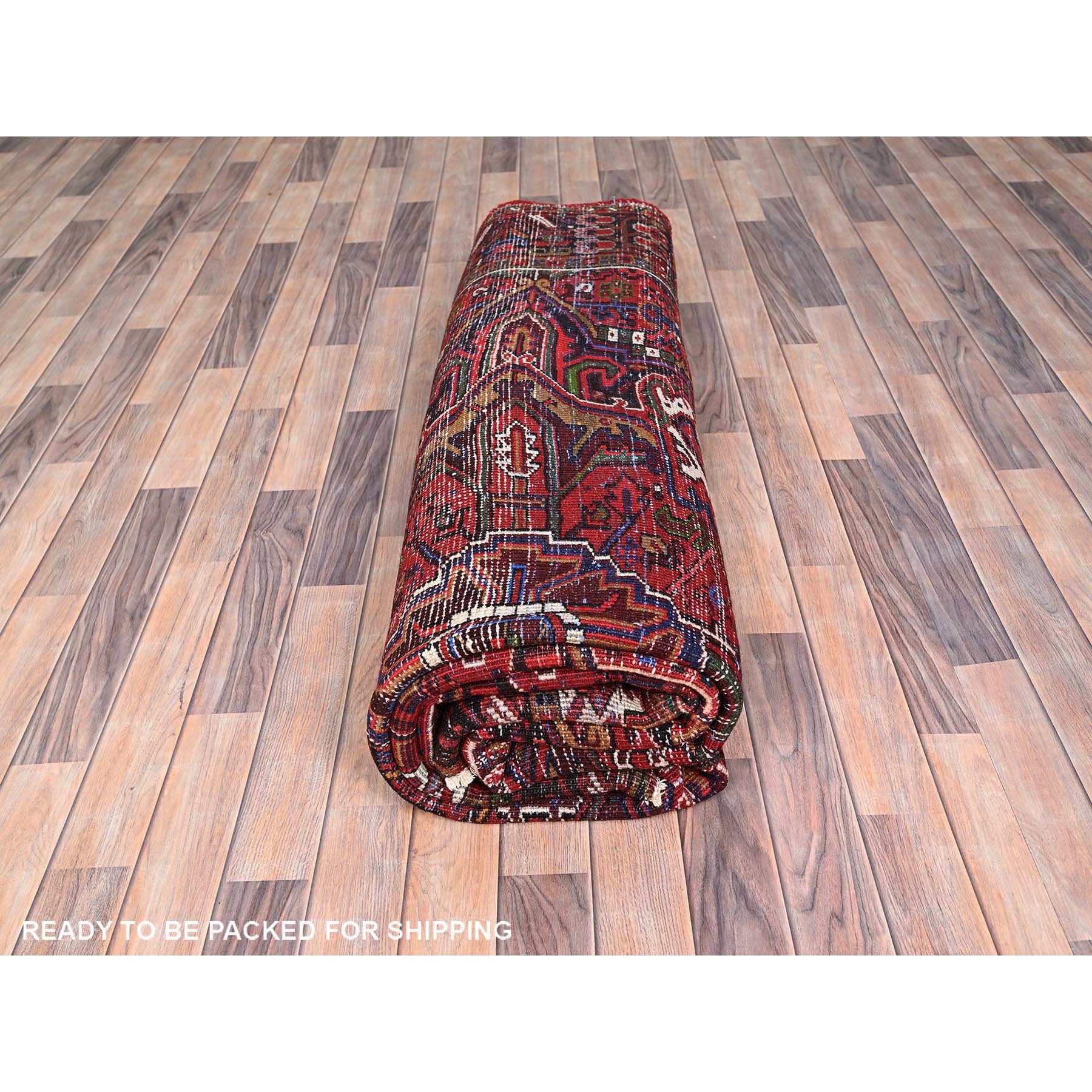 8'2"x11'3" Imperial Red, Semi Antique Persian Heriz, Good Condition, Rustic Feel, Worn Wool, Hand Woven, Oriental Rug 