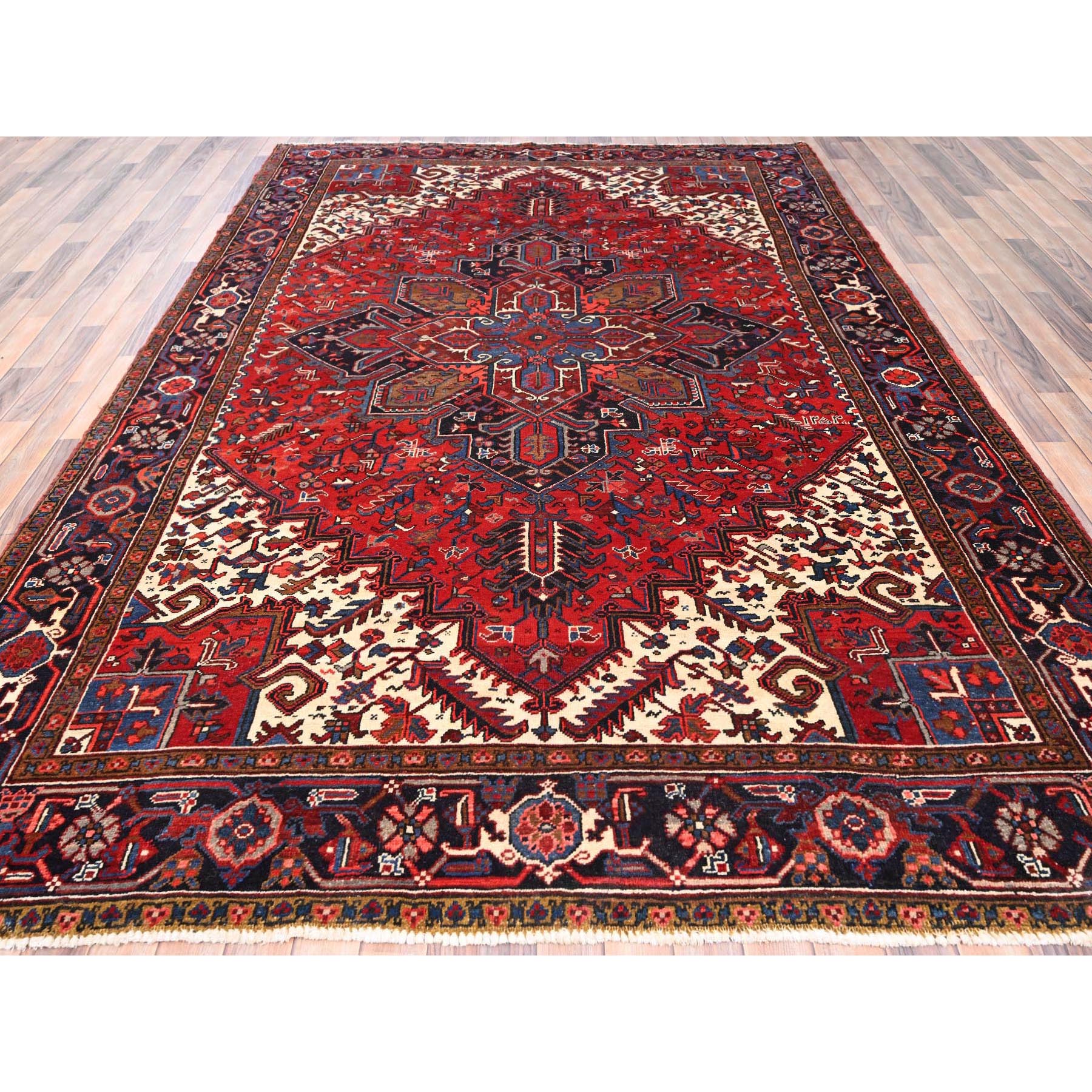 7'6"x10'9" Lava Red, Hand Woven, Vintage Persian Heriz with Geometric Pattern, Good Condition, Distressed Look, Pure Wool, Oriental Rug 