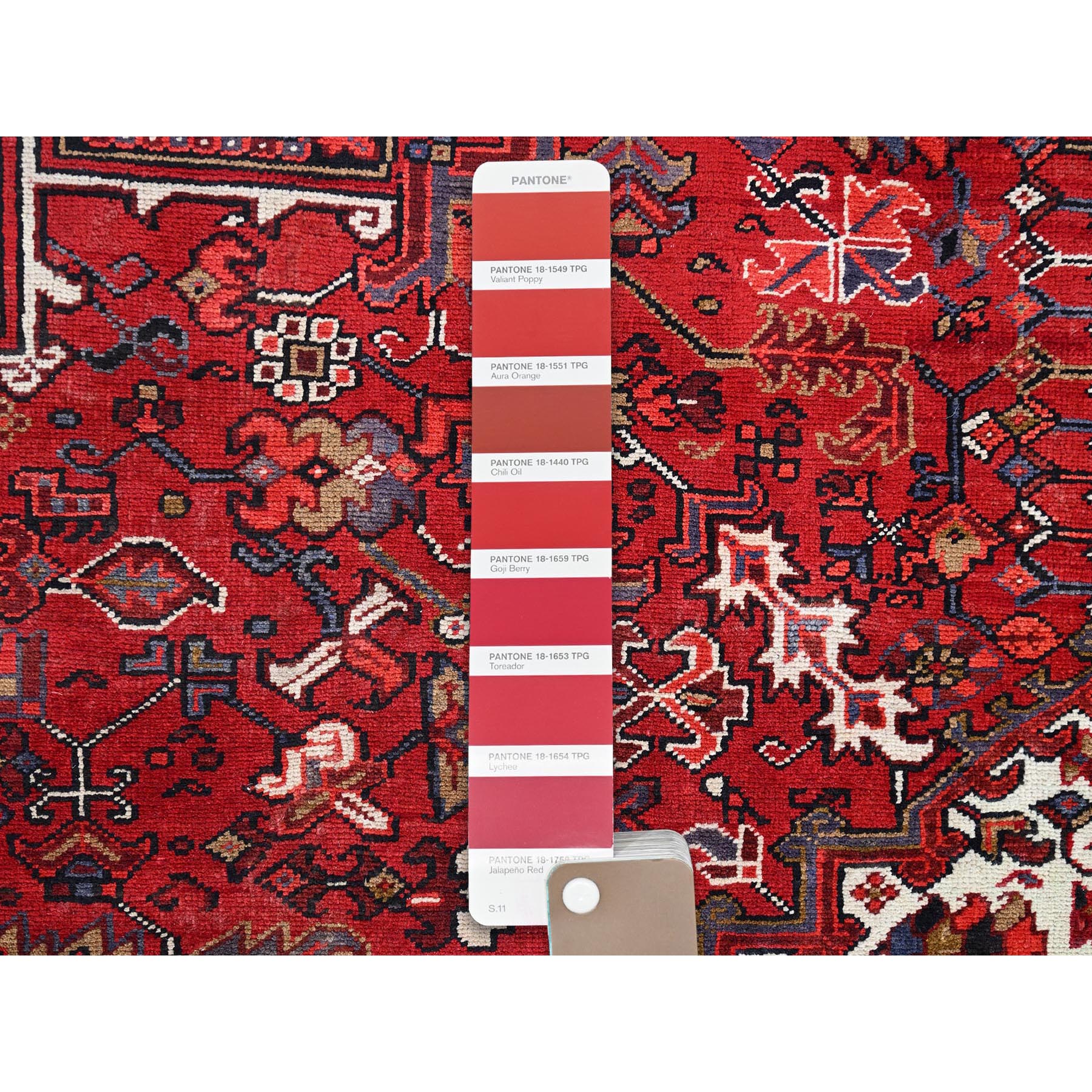 9'8"x13' Cardinals Red, Worn Wool, Hand Woven, Semi Antique Persian Heriz, Good Condition, Rustic Look, Oriental Rug 