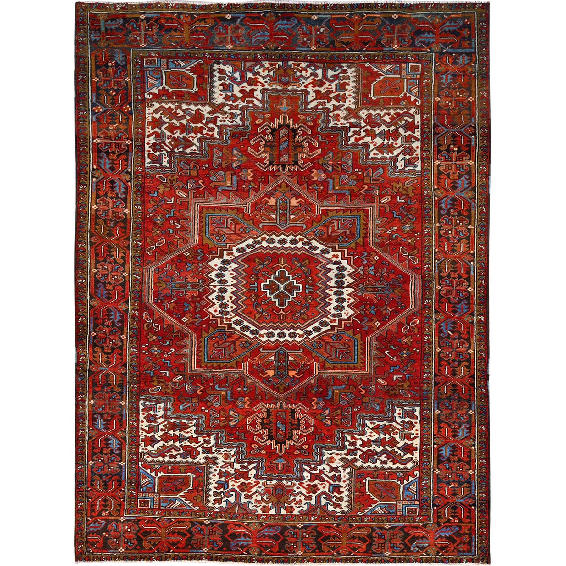 7'7"x10'5" Crimson Red, Evenly Worn, Pure Wool, Hand Woven, Semi Antique Persian Heriz, Good Condition, Distressed Feel, Oriental Rug 