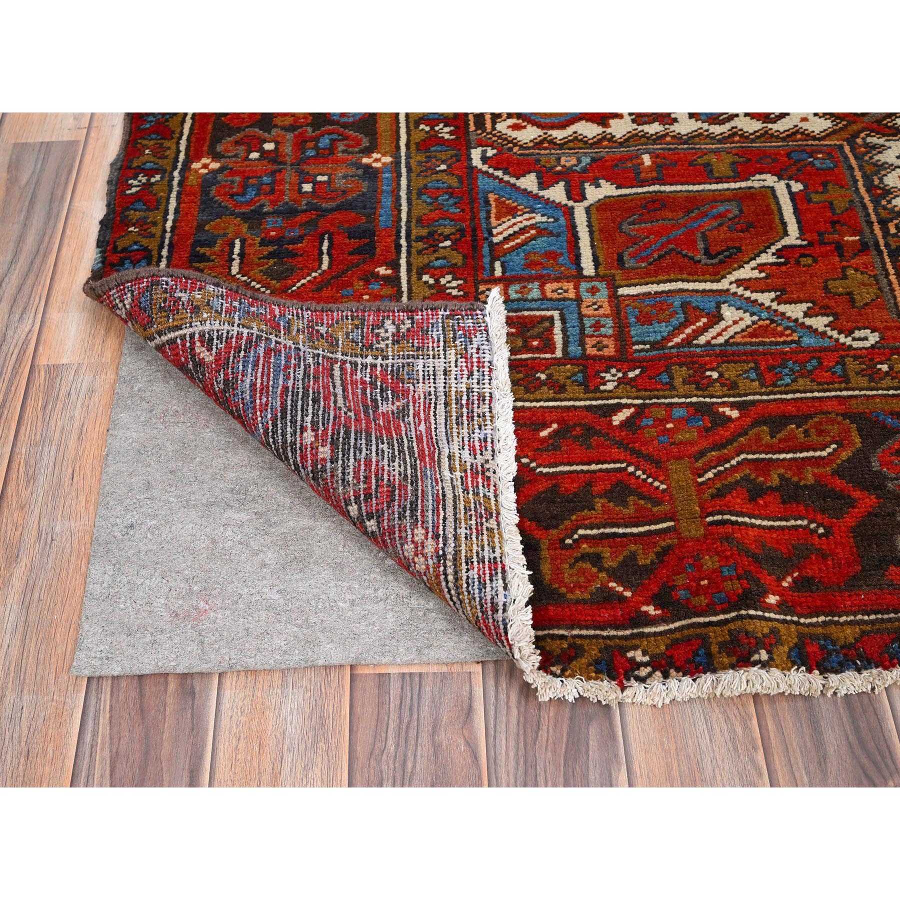 7'7"x10'5" Crimson Red, Evenly Worn, Pure Wool, Hand Woven, Semi Antique Persian Heriz, Good Condition, Distressed Feel, Oriental Rug 