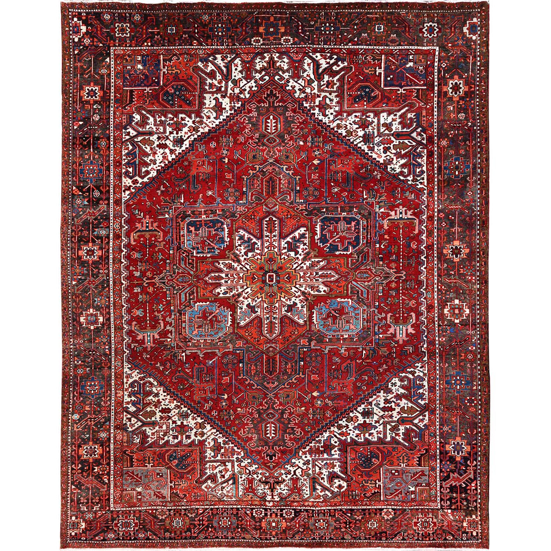 10'1"x12'9" Ajax Red, Semi Antique Persian Heriz with Tribal Ambience, Good Condition, Distressed Look, Pure Wool, Hand Woven, Oriental Rug 