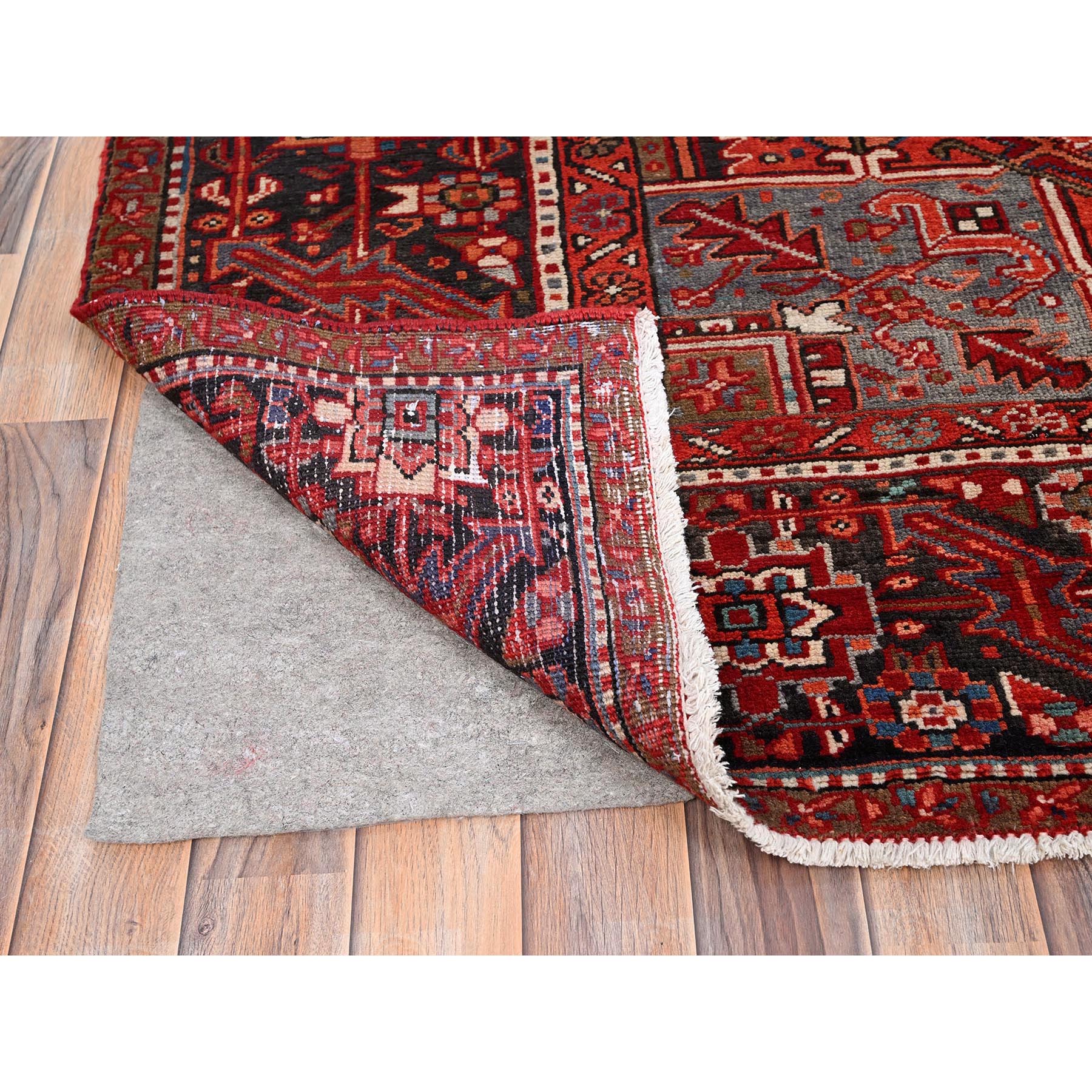 10'1"x12'9" Ajax Red, Semi Antique Persian Heriz with Tribal Ambience, Good Condition, Distressed Look, Pure Wool, Hand Woven, Oriental Rug 