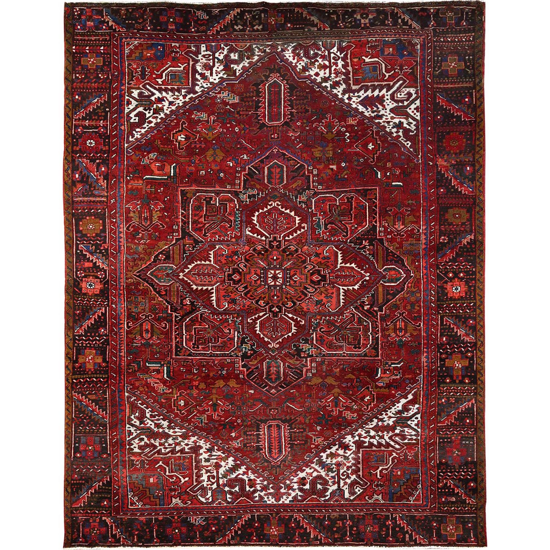 10'2"x13'1" Ajax Red, Hand Woven, Semi Antique Persian Heriz, Good Condition, Rustic Look, Worn Wool, Oriental Rug 