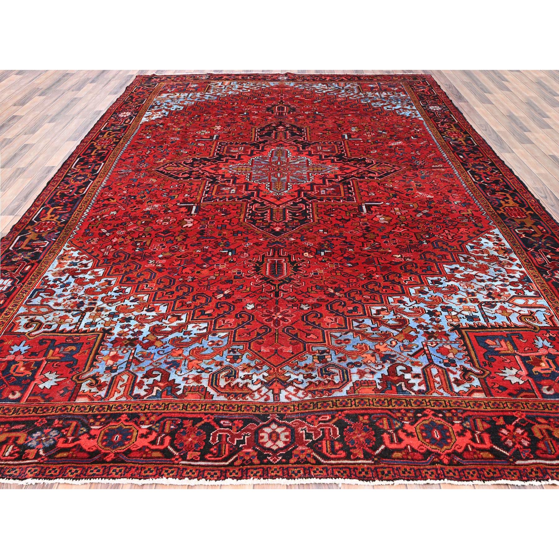 9'7"x13' Imperial Red, Pure Wool, Hand Woven, Vintage Persian Heriz, Good Condition, Distressed Feel, Evenly Worn, Oriental Rug 
