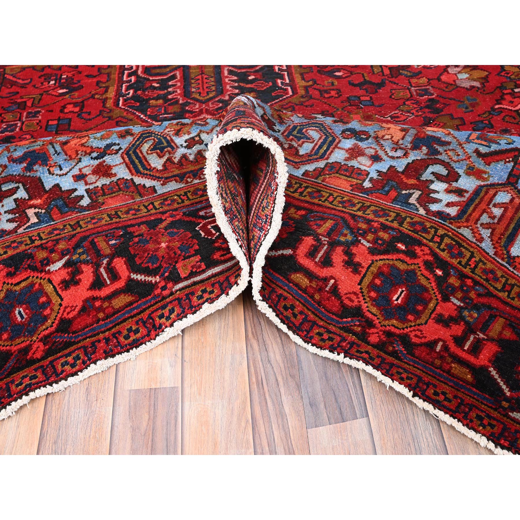 9'7"x13' Imperial Red, Pure Wool, Hand Woven, Vintage Persian Heriz, Good Condition, Distressed Feel, Evenly Worn, Oriental Rug 