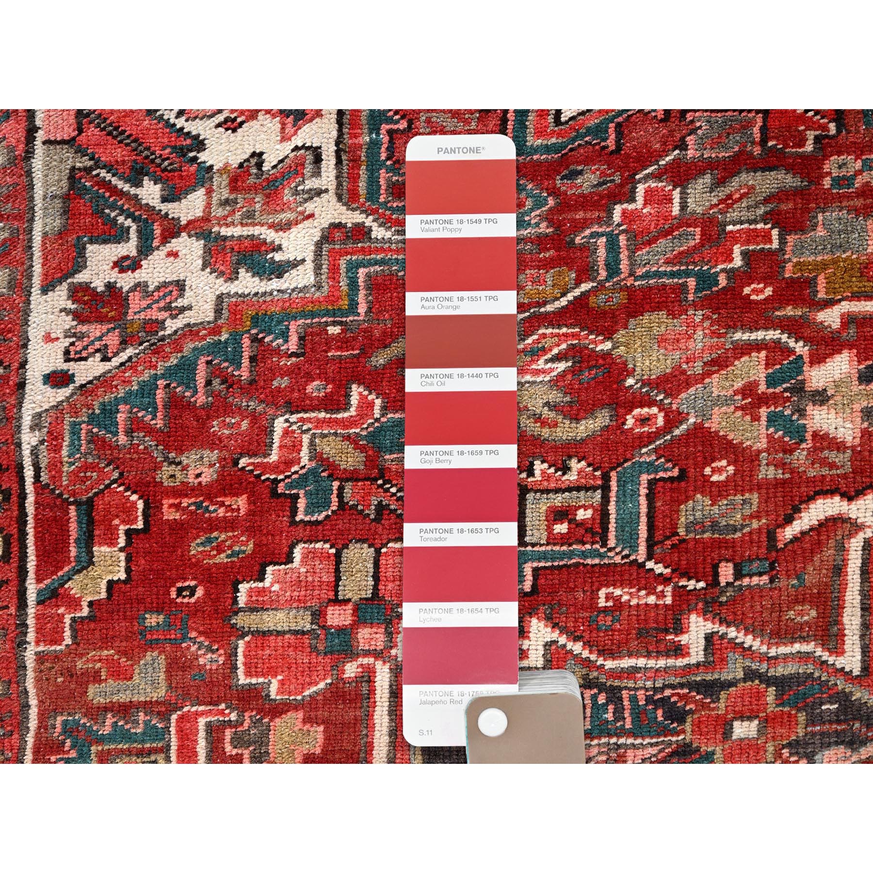 9'10"x11'9" Maroon Red, Rustic Feel, Worn Wool, Hand Woven, Semi Antique Persian Heriz, Village Motif, Good Condition, Oriental Rug 