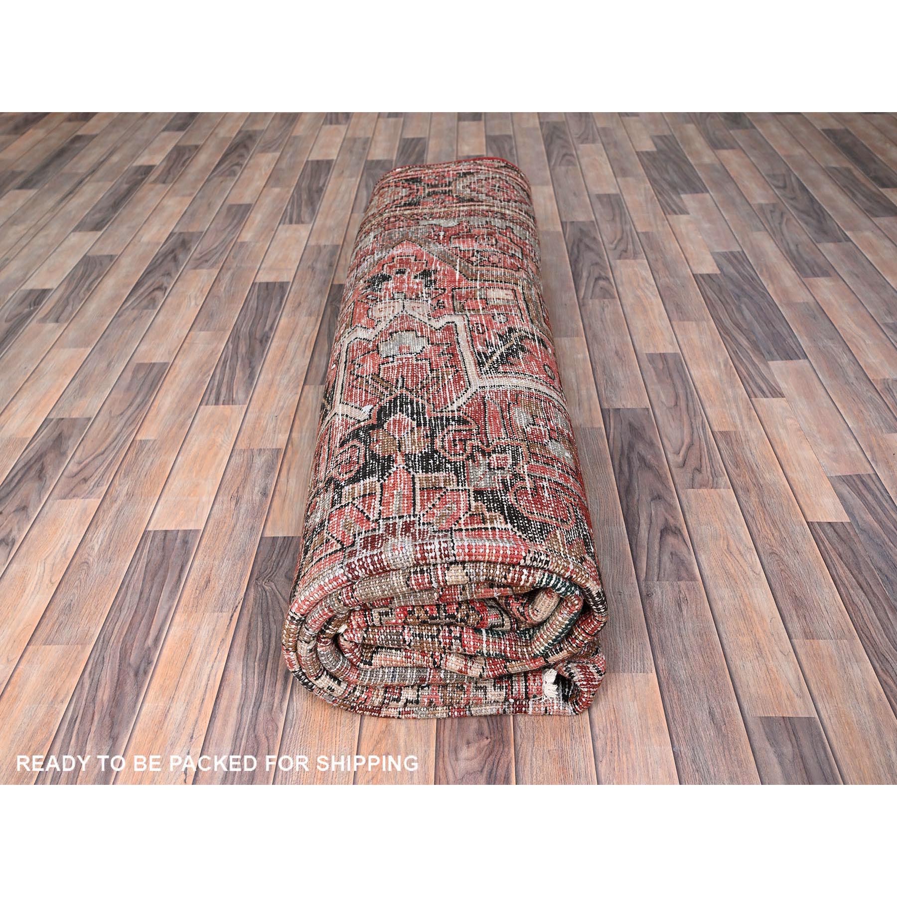 9'9"x11'7" Rust Red, Good Condition, Distressed Look, Pure Wool, Hand Woven, Semi Antique Persian Heriz, Oriental Rug 
