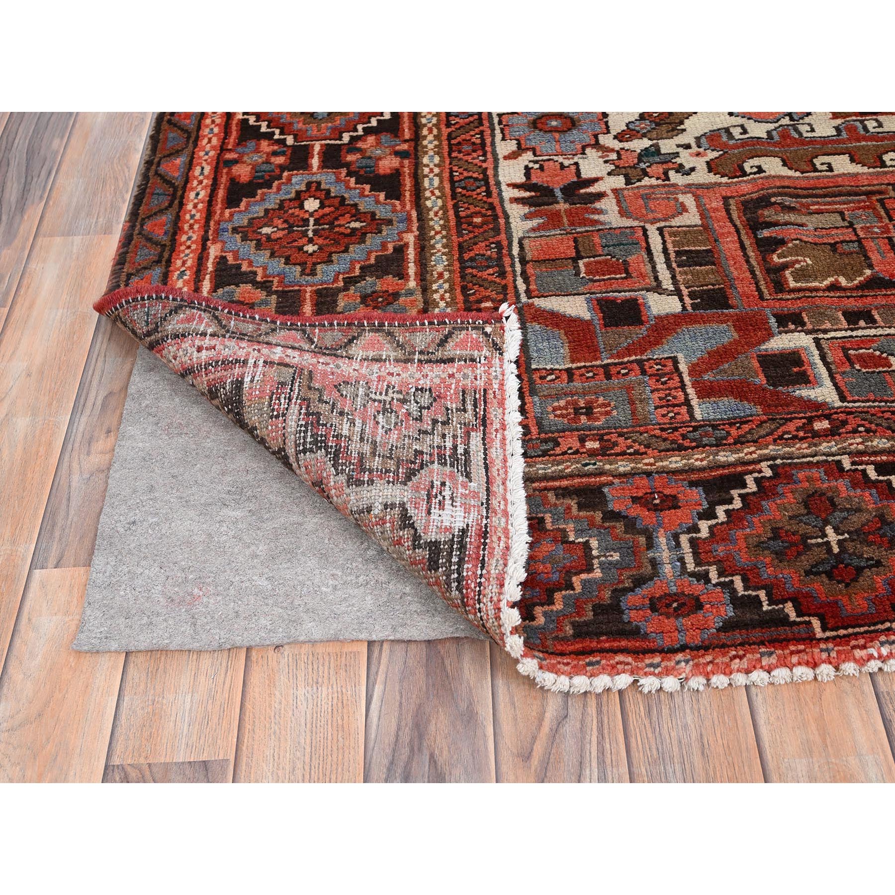 9'9"x11'7" Rust Red, Good Condition, Distressed Look, Pure Wool, Hand Woven, Semi Antique Persian Heriz, Oriental Rug 