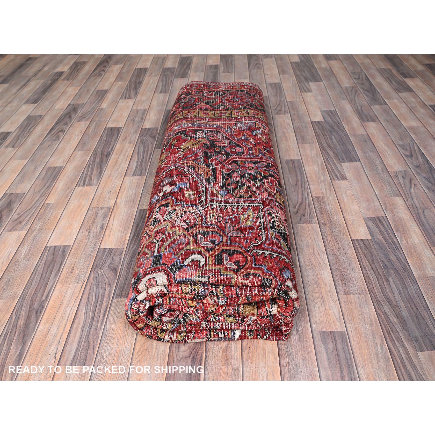 9'8"x13' Carmine Red, Rustic Look, Worn Wool, Hand Woven, Vintage Persian Heriz with Geometric Pattern, Good Condition, Oriental Rug 