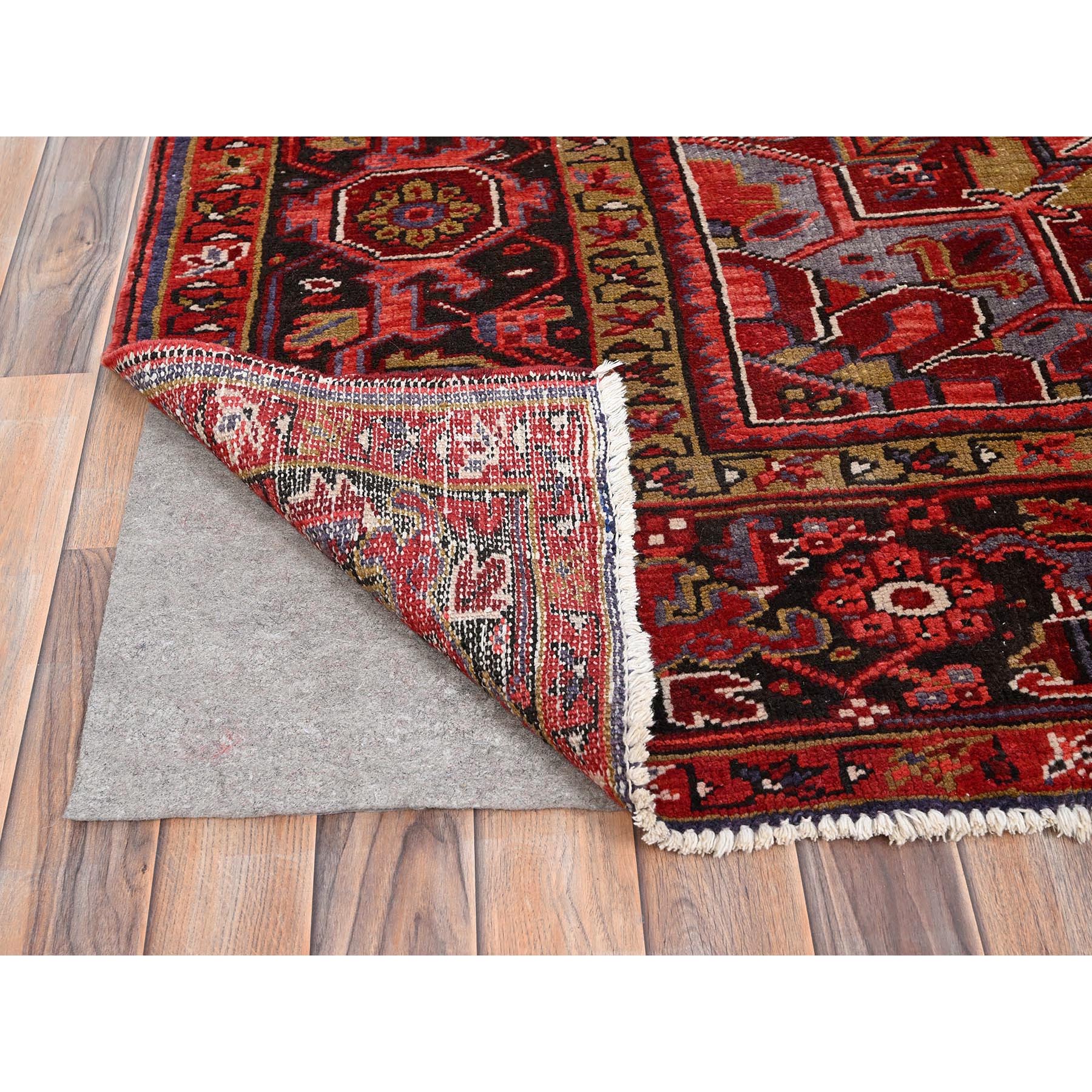 9'8"x13' Carmine Red, Rustic Look, Worn Wool, Hand Woven, Vintage Persian Heriz with Geometric Pattern, Good Condition, Oriental Rug 