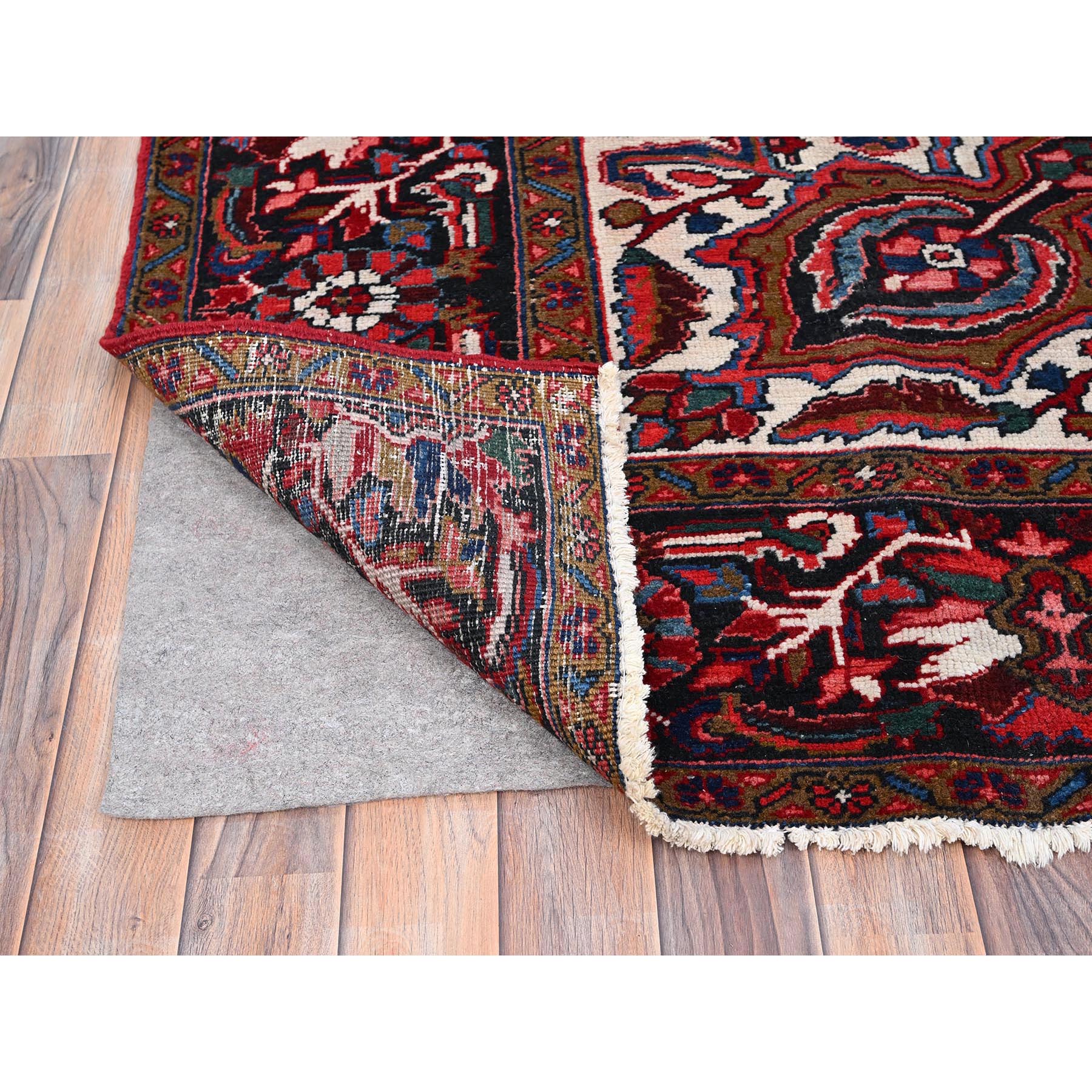 8'8"x12'1" Cardinals Red, Distressed Feel, Evenly Worn, Pure Wool, Hand Woven, Semi Antique Persian Heriz, Good Condition, Oriental Rug 