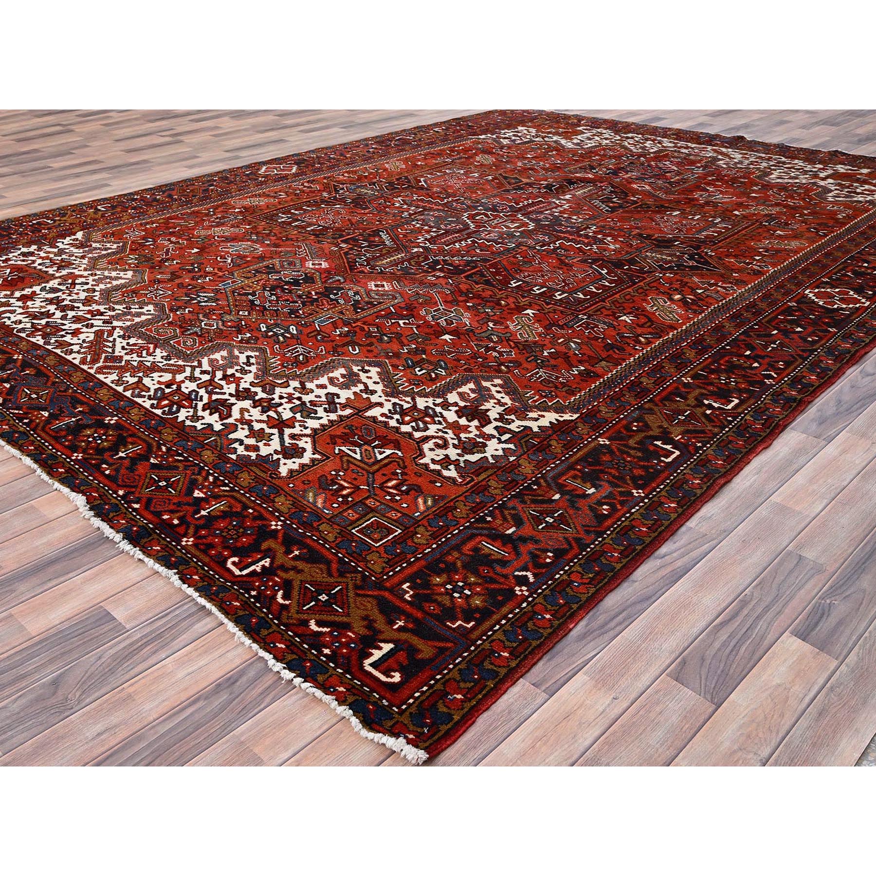 9'10"x13' Turkey Red, Good Condition, Rustic Feel, Worn Wool, Hand Woven, Semi Antique Persian Heriz with Tribal Ambience, Oriental Rug 