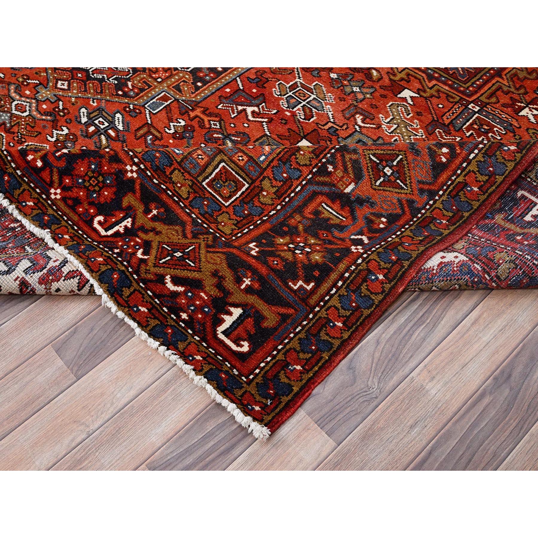 9'10"x13' Turkey Red, Good Condition, Rustic Feel, Worn Wool, Hand Woven, Semi Antique Persian Heriz with Tribal Ambience, Oriental Rug 