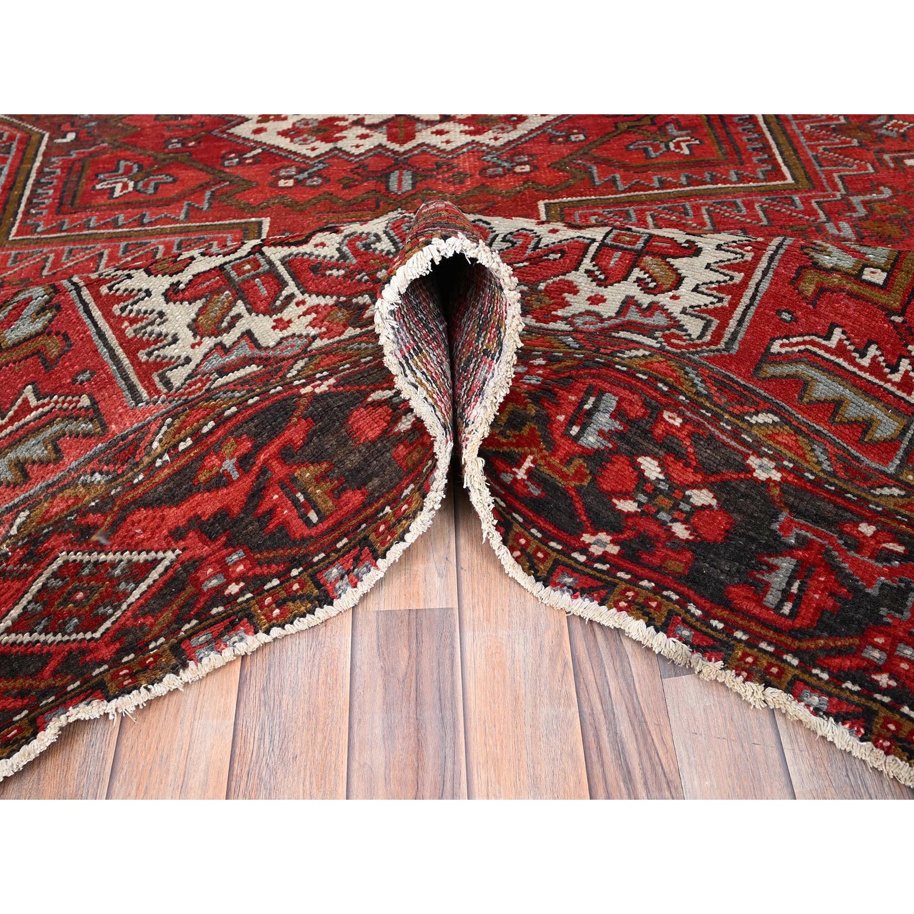 7'5"x10'2" Fire Brick Red, Vintage Persian Heriz with Village Motif, Good Condition, Distressed Look, Pure Wool, Hand Woven, Oriental Rug 