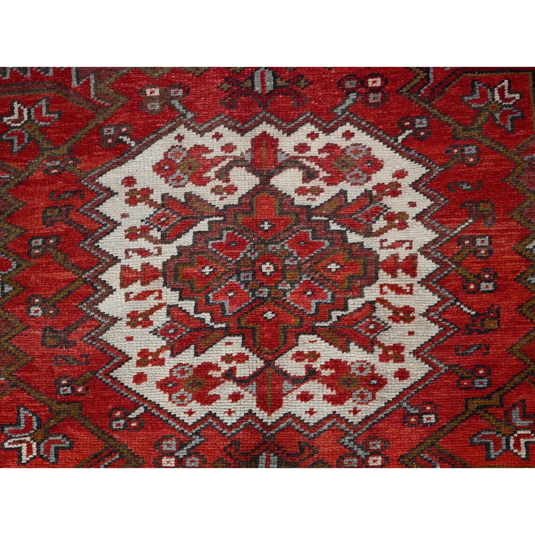 7'5"x10'2" Fire Brick Red, Vintage Persian Heriz with Village Motif, Good Condition, Distressed Look, Pure Wool, Hand Woven, Oriental Rug 