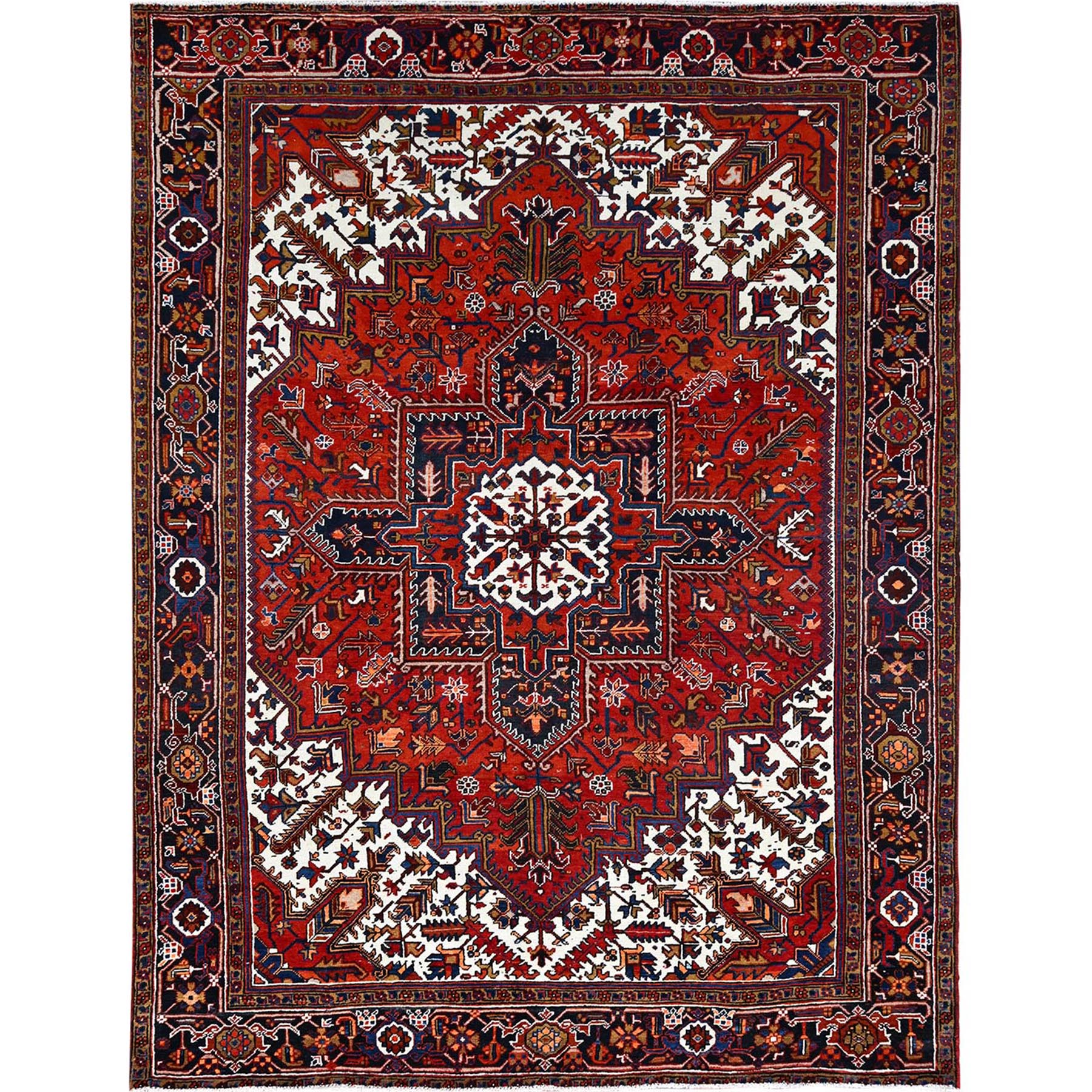 8'5"x10'9" Tomato Red, Pure Wool, Hand Woven, Semi Antique Persian Heriz, Good Condition, Distressed Feel, Evenly Worn, Oriental Rug 