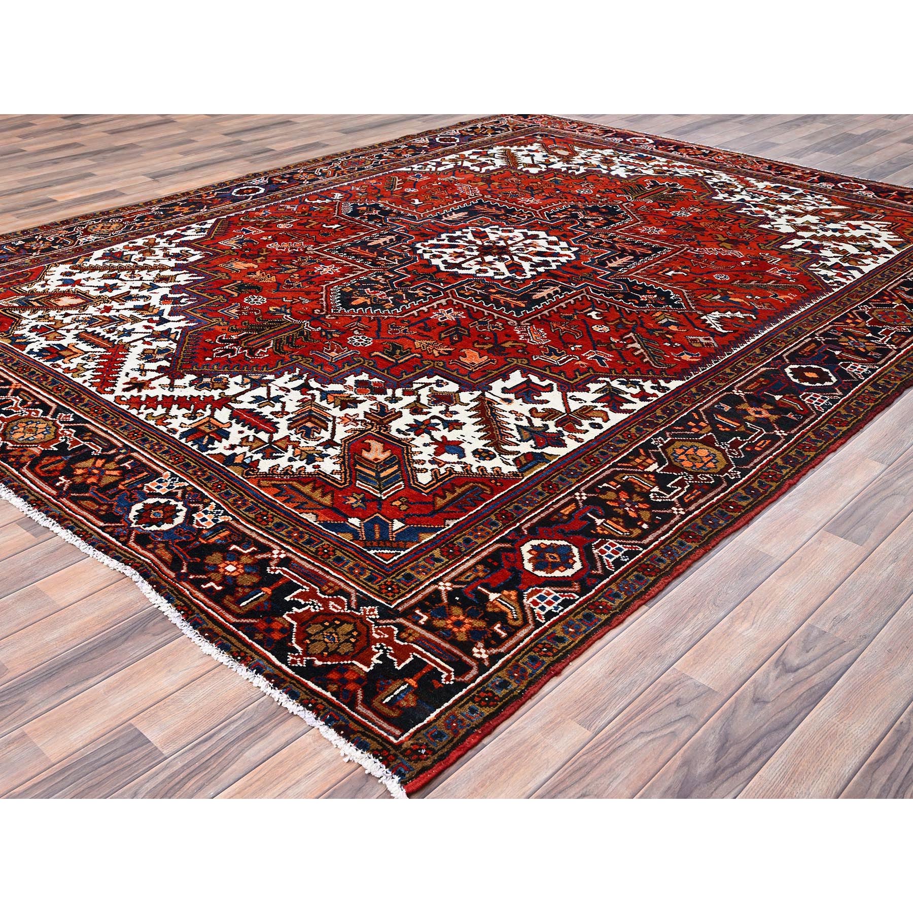 8'5"x10'9" Tomato Red, Pure Wool, Hand Woven, Semi Antique Persian Heriz, Good Condition, Distressed Feel, Evenly Worn, Oriental Rug 