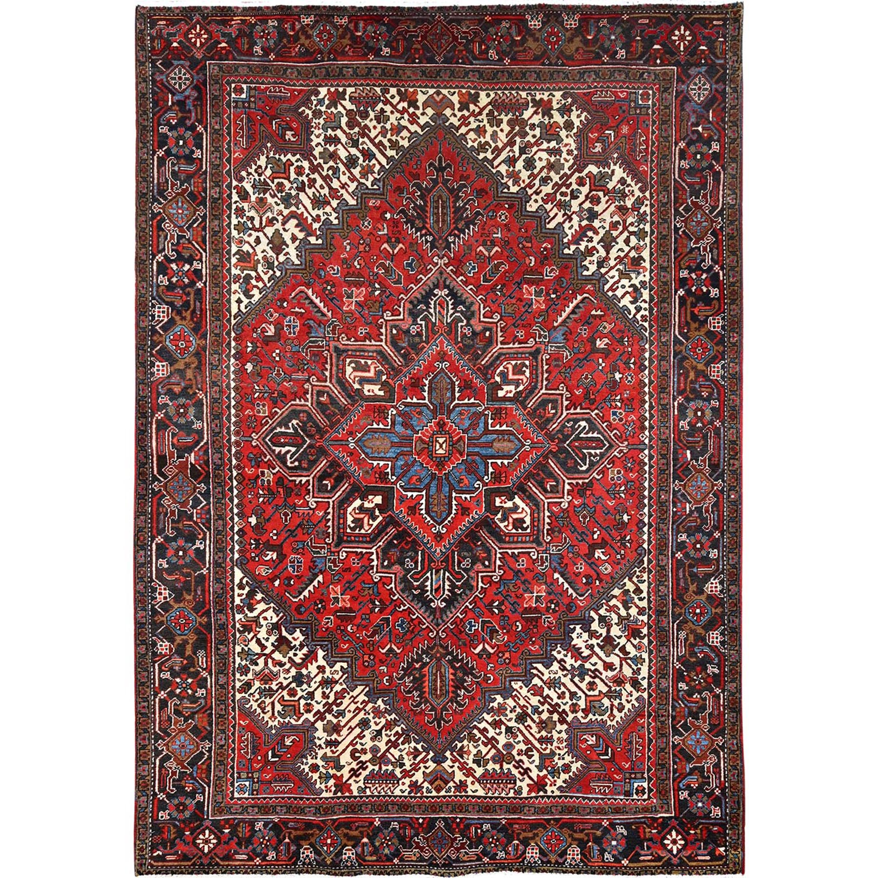 7'8"x11' Imperial Red, Semi Antique Persian Heriz, Good Condition, Distressed Look, Pure Wool, Hand Woven, Oriental Rug 