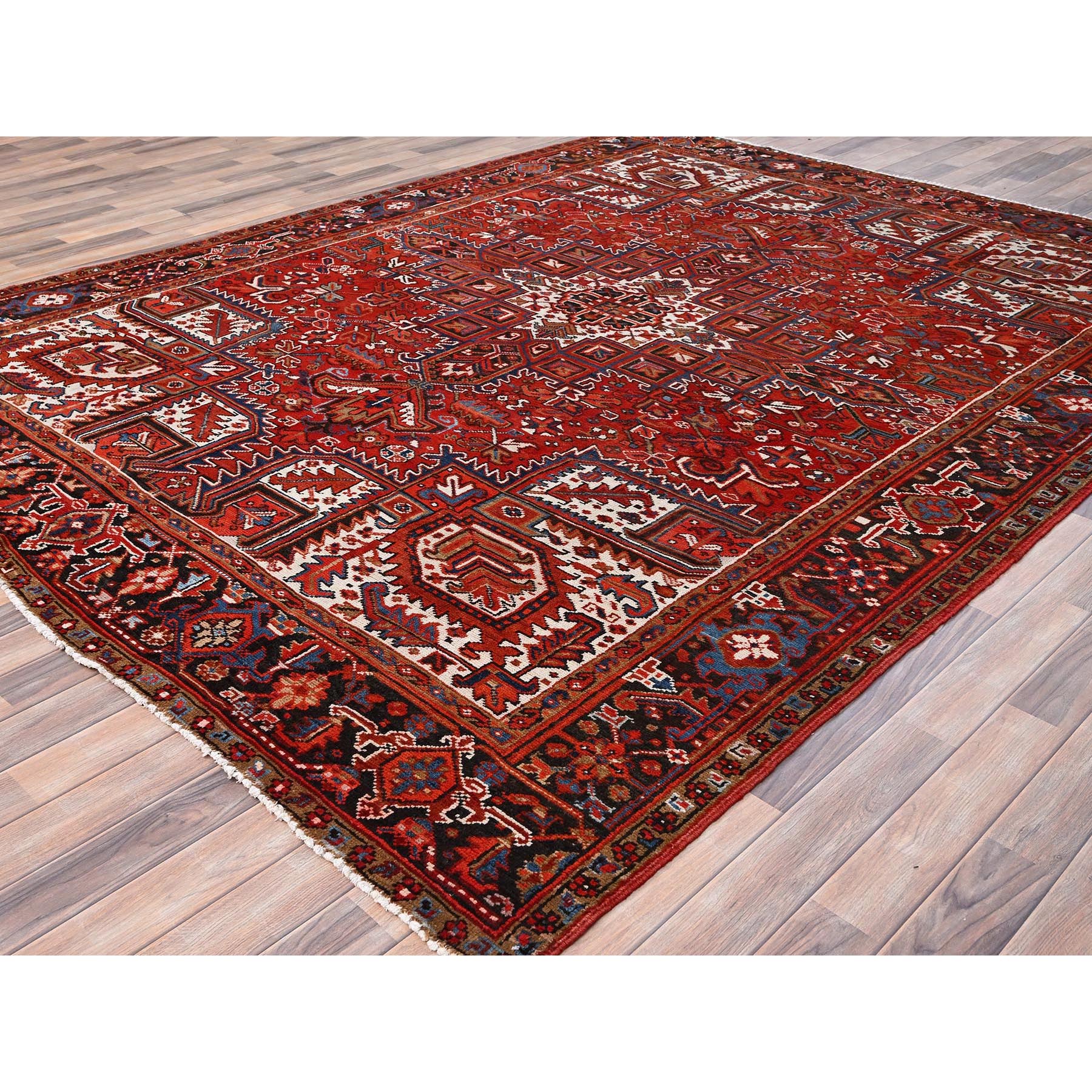 8'1"x10'5" Chili Red, Hand Woven, Vintage Persian Heriz with Tribal Ambience, Good Condition, Distressed Feel, Evenly Worn, Pure Wool, Oriental Rug 
