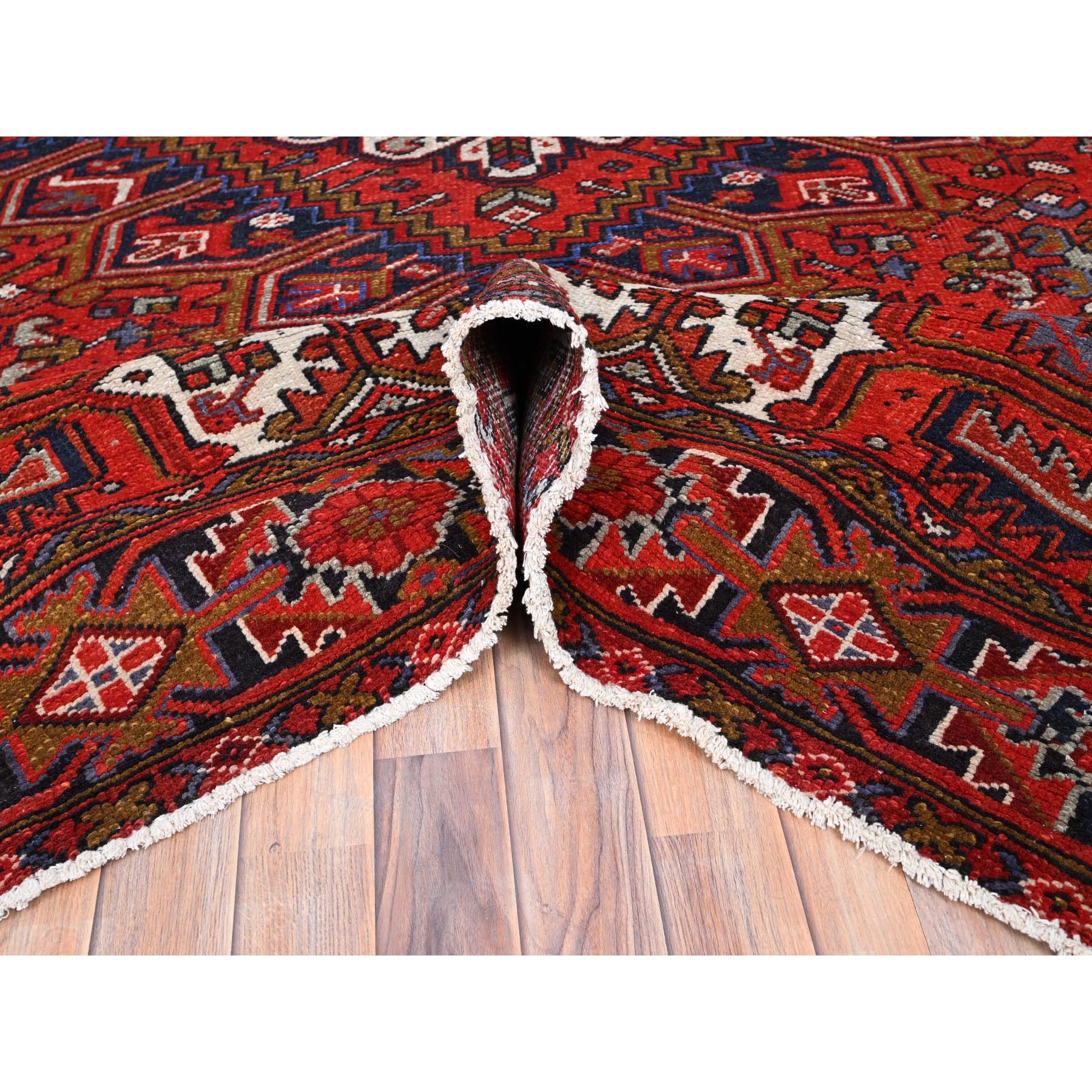 7'9"x11' Raspberry Red, Worn Wool, Hand Woven, Semi Antique Persian Heriz with Geometric Pattern, Good Condition, Rustic Feel, Oriental Rug 