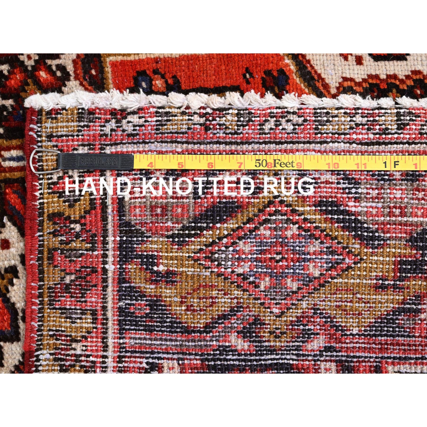 10'x13'2" Fire Brick Red, Pure Wool, Hand Woven, Semi Antique Persian Heriz with Village Motif, Good Condition, Distressed Look, Oriental Rug 