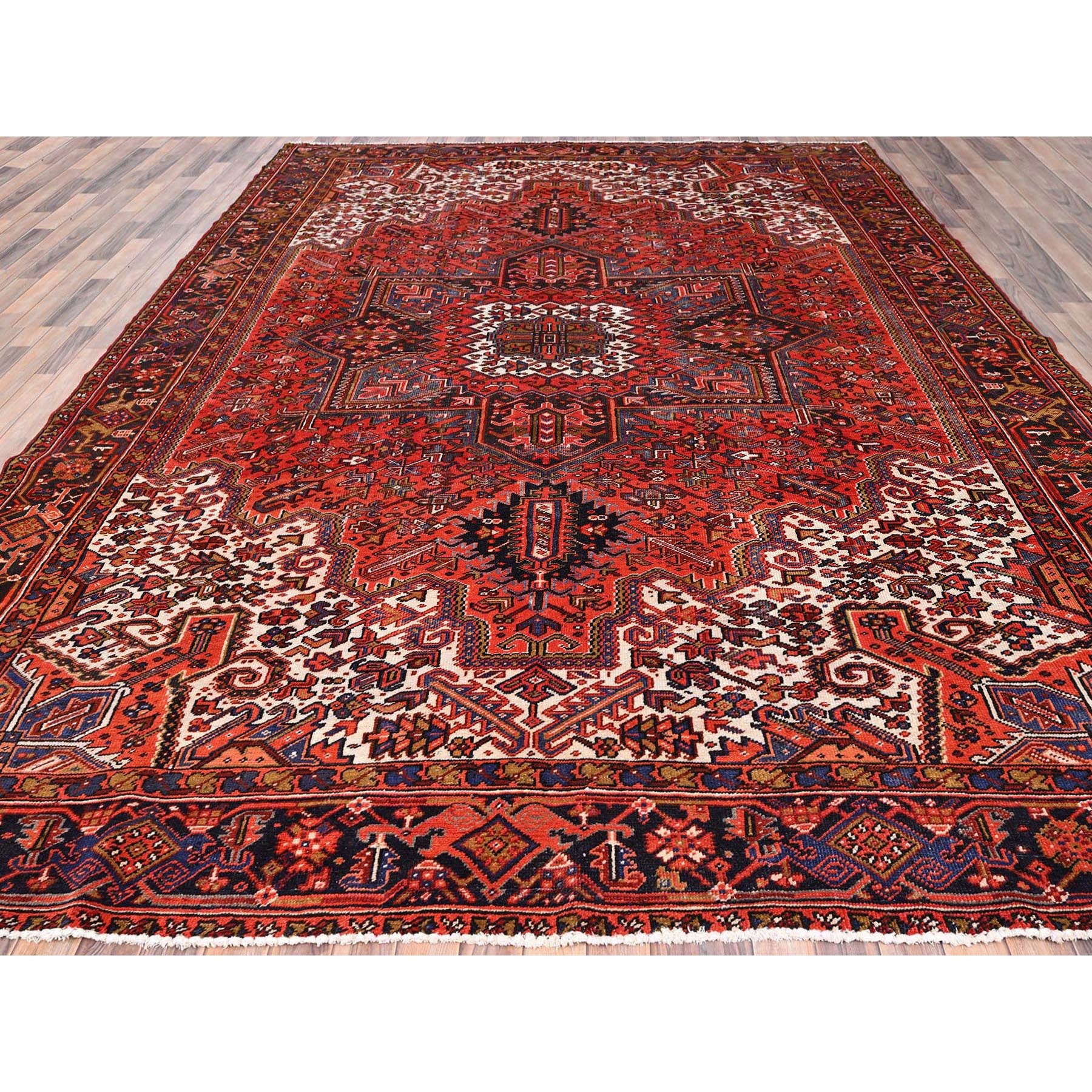 10'x13'2" Fire Brick Red, Pure Wool, Hand Woven, Semi Antique Persian Heriz with Village Motif, Good Condition, Distressed Look, Oriental Rug 