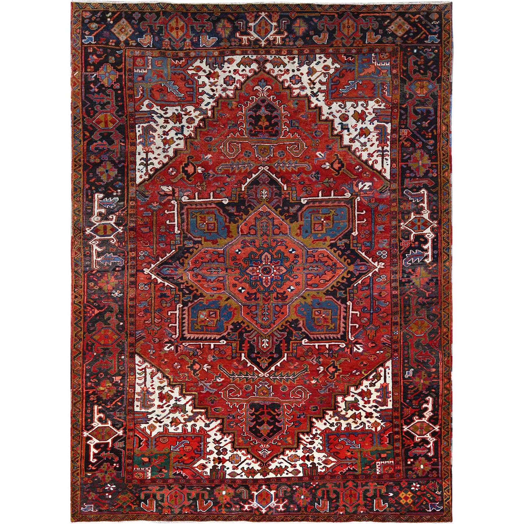 8'x10'8" Fire Brick Red, Rustic Look, Worn Wool, Hand Woven, Vintage Persian Heriz with Tribal Ambience, Good Condition, Oriental Rug 