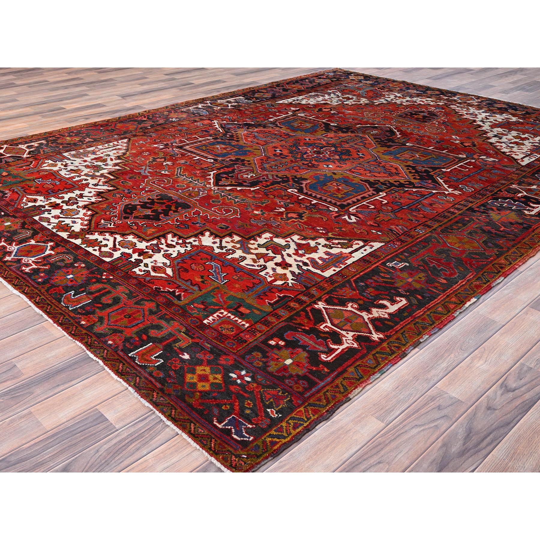 8'x10'8" Fire Brick Red, Rustic Look, Worn Wool, Hand Woven, Vintage Persian Heriz with Tribal Ambience, Good Condition, Oriental Rug 