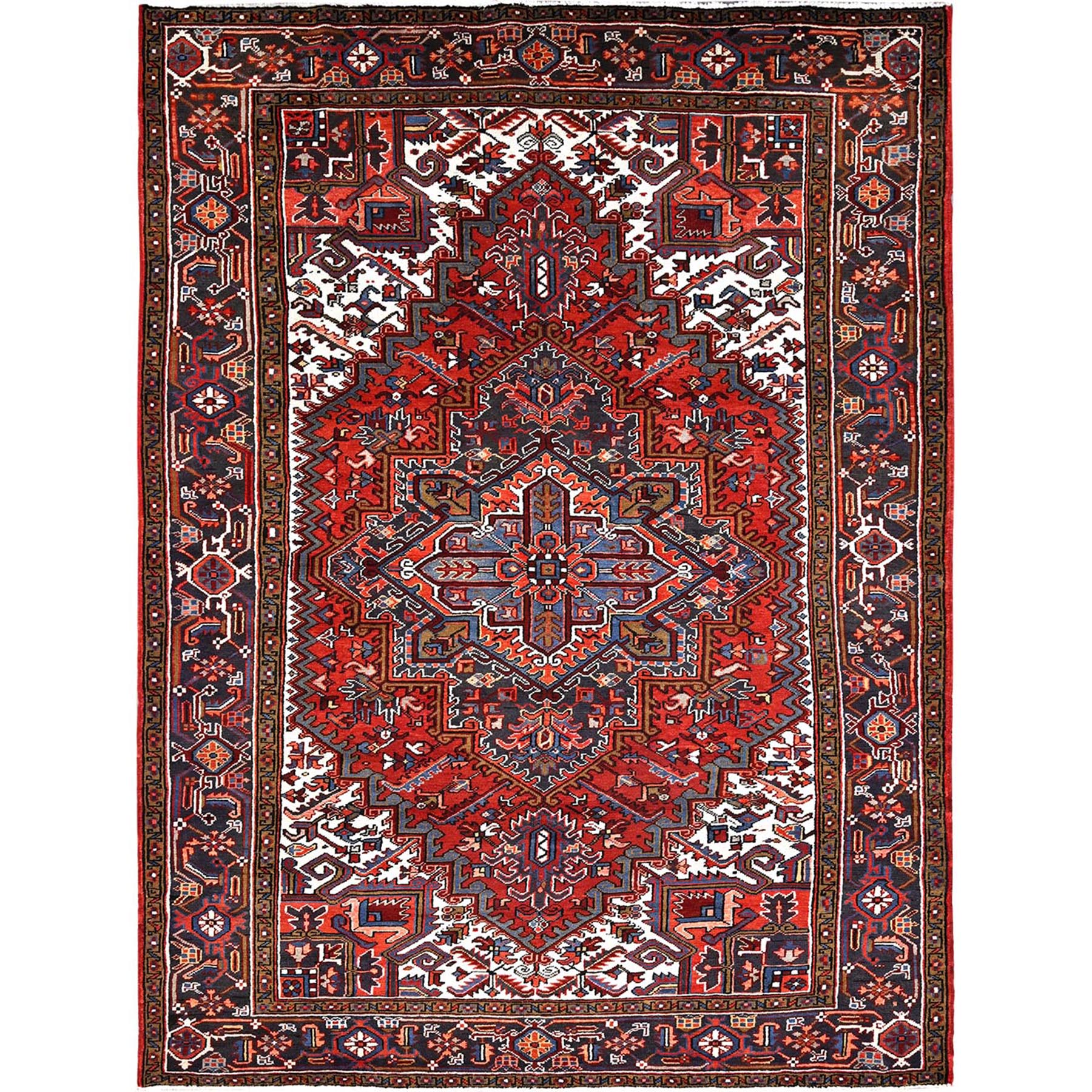 8'1"x11'1" Imperial Red, Semi Antique Persian Heriz with Village Motif, Good Condition, Rustic Feel, Worn Wool, Hand Woven, Oriental Rug 
