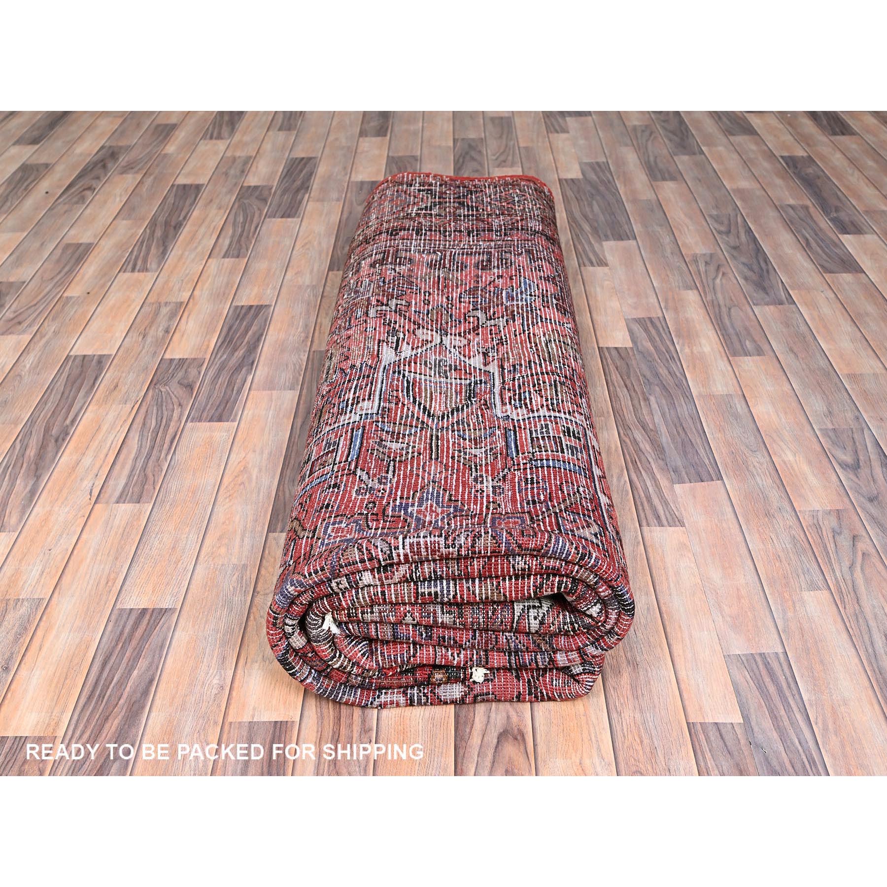 9'3"x12'2" Prismatic Red, Vintage Persian Heriz with Tribal Ambience, Good Condition, Distressed Look, Pure Wool, Hand Woven, Oriental Rug 