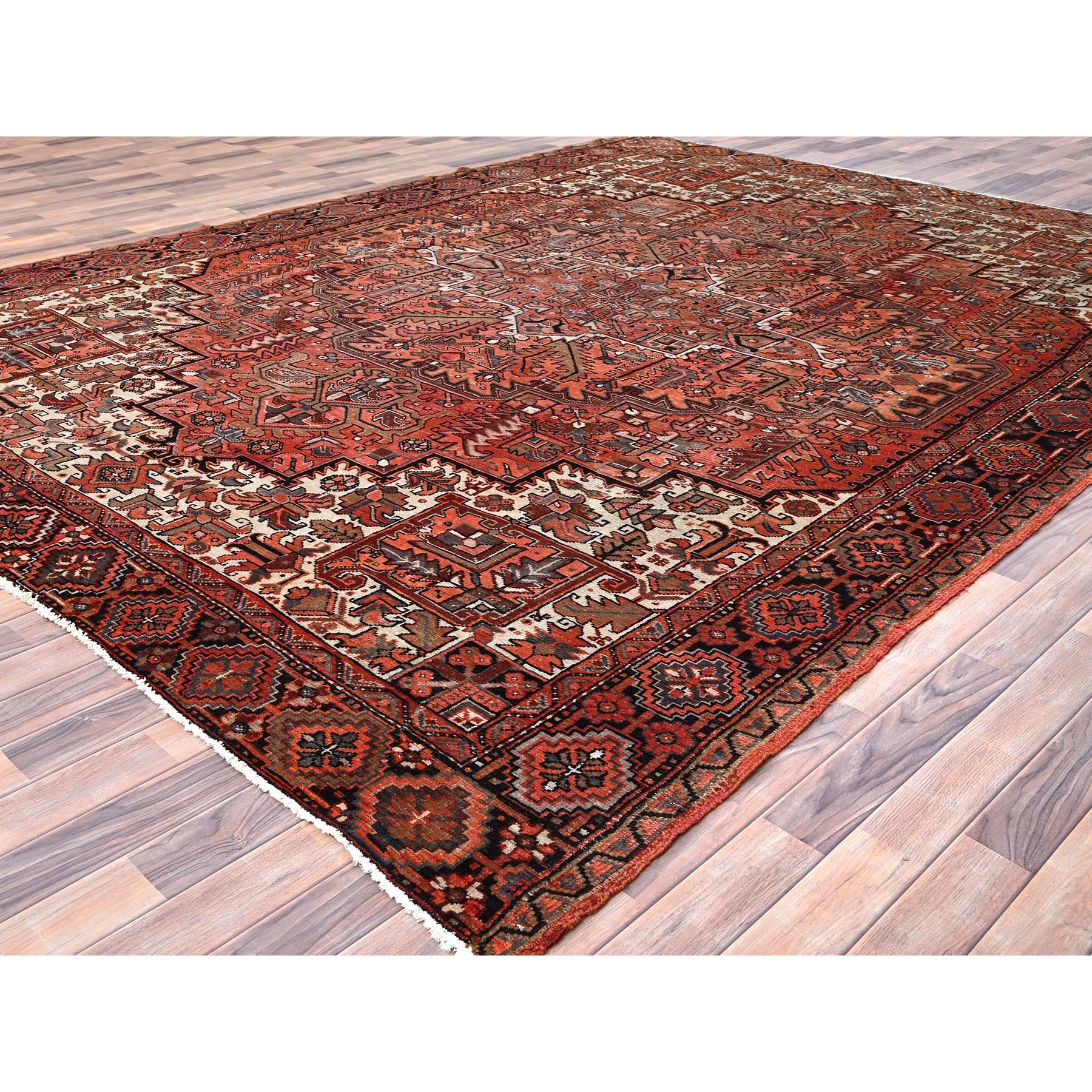 9'3"x12'2" Prismatic Red, Vintage Persian Heriz with Tribal Ambience, Good Condition, Distressed Look, Pure Wool, Hand Woven, Oriental Rug 